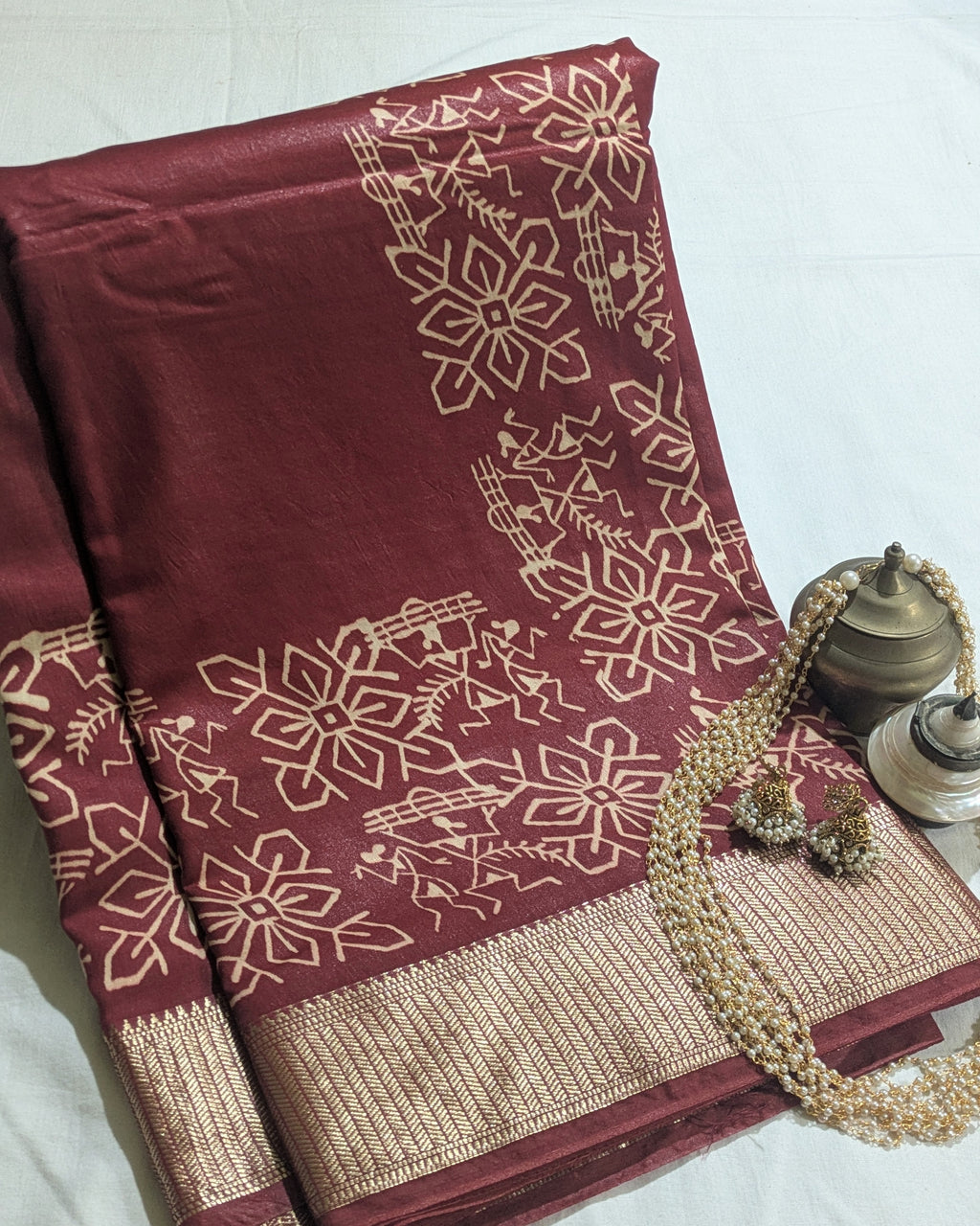 Maheswari Block Print Sari Dark Rust