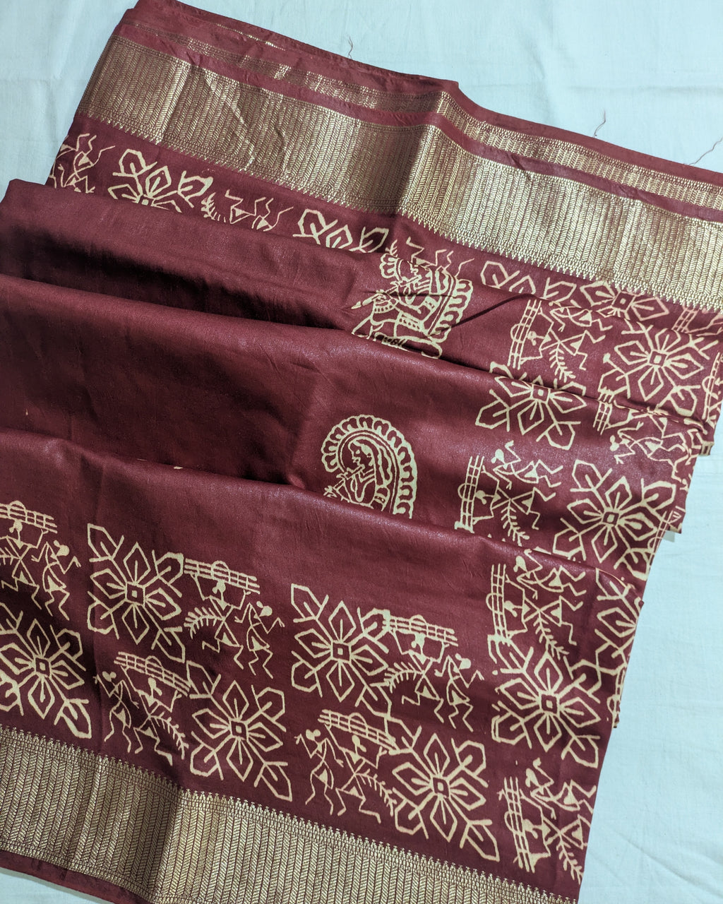 Maheswari Block Print Sari Dark Rust