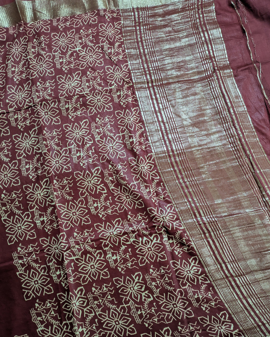 Maheswari Block Print Sari Dark Rust