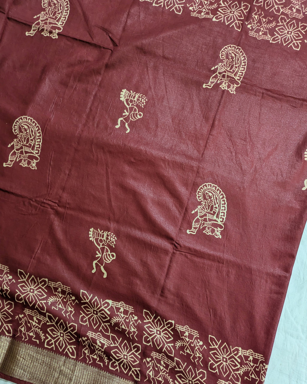 Maheswari Block Print Sari Dark Rust