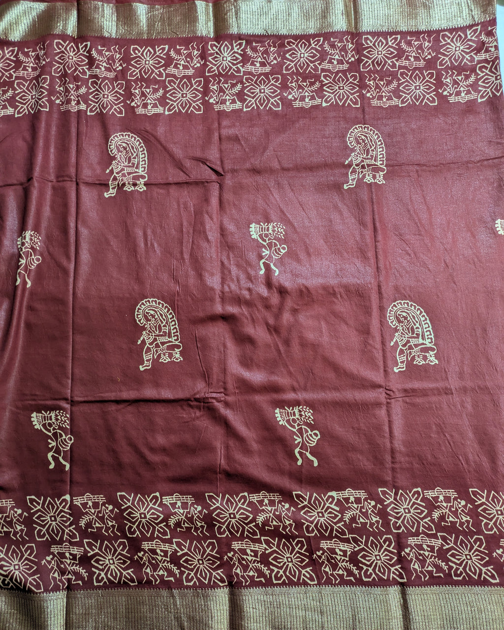 Maheswari Block Print Sari Dark Rust