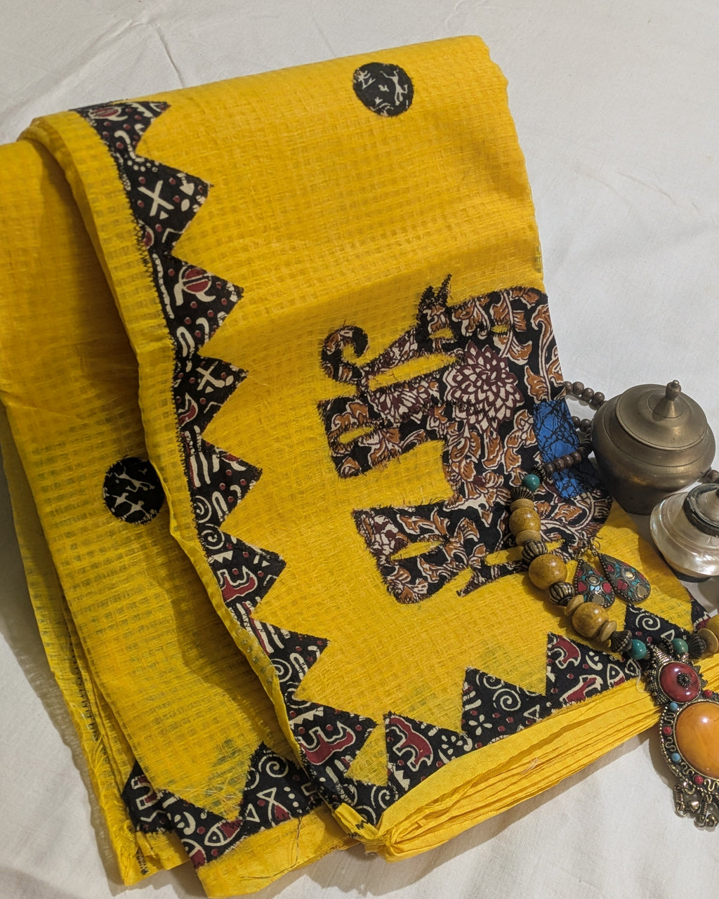 Cotton Kota Applique Sari Yellow