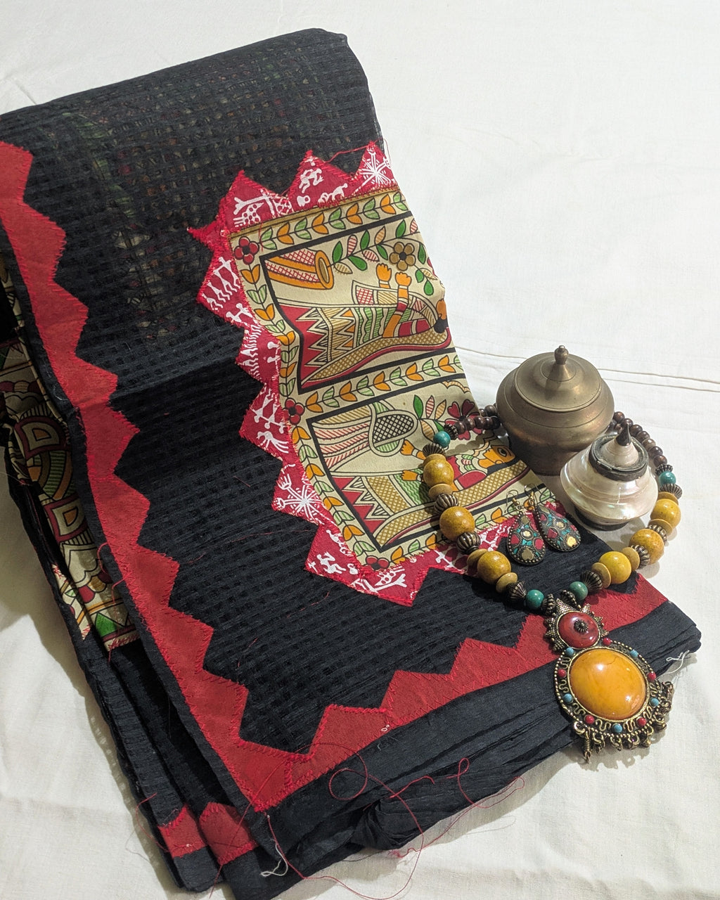 Cotton Kota Applique Sari Black