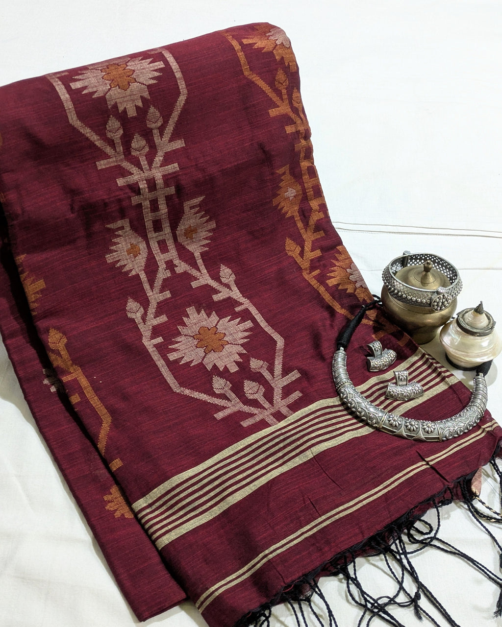 Khadi Cotton Jamdani Sari Maroon
