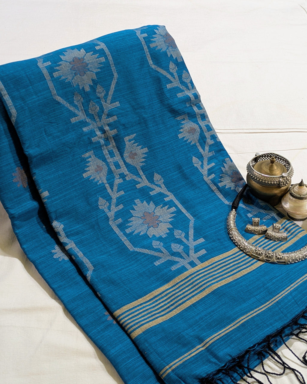 Khadi Cotton Jamdani Sari Firoza