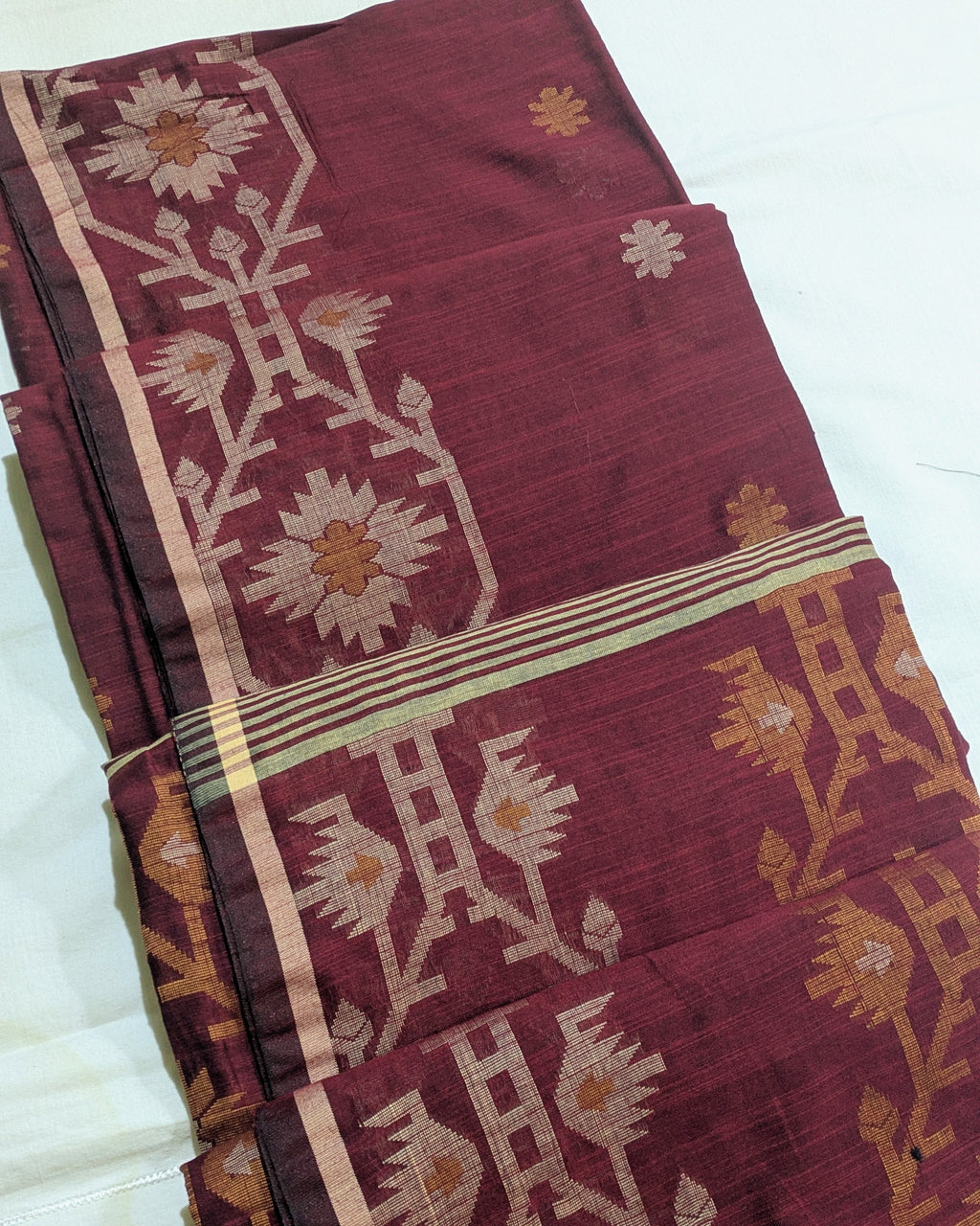 Khadi Cotton Jamdani Sari Maroon