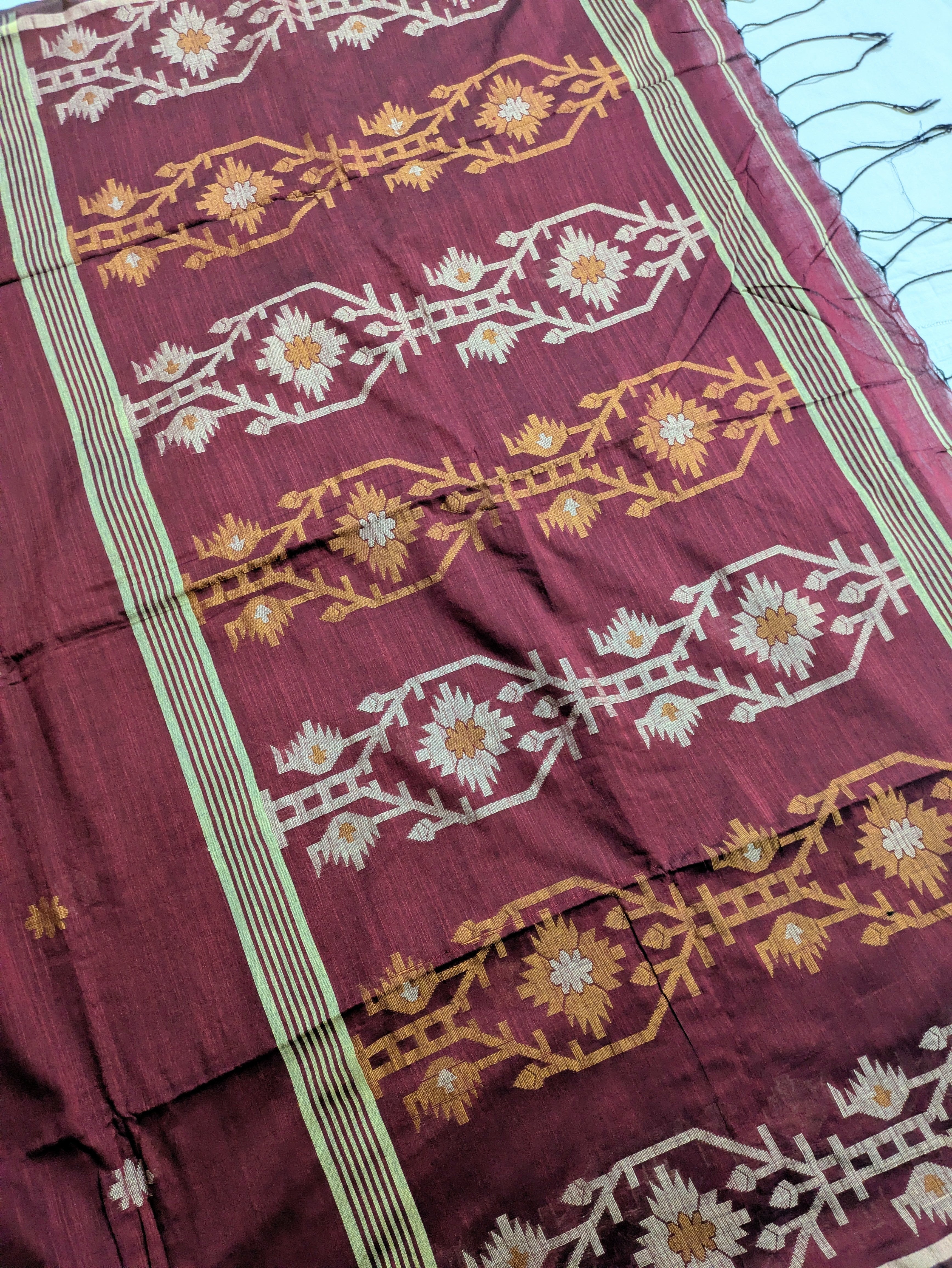 Khadi Cotton Jamdani Sari Maroon