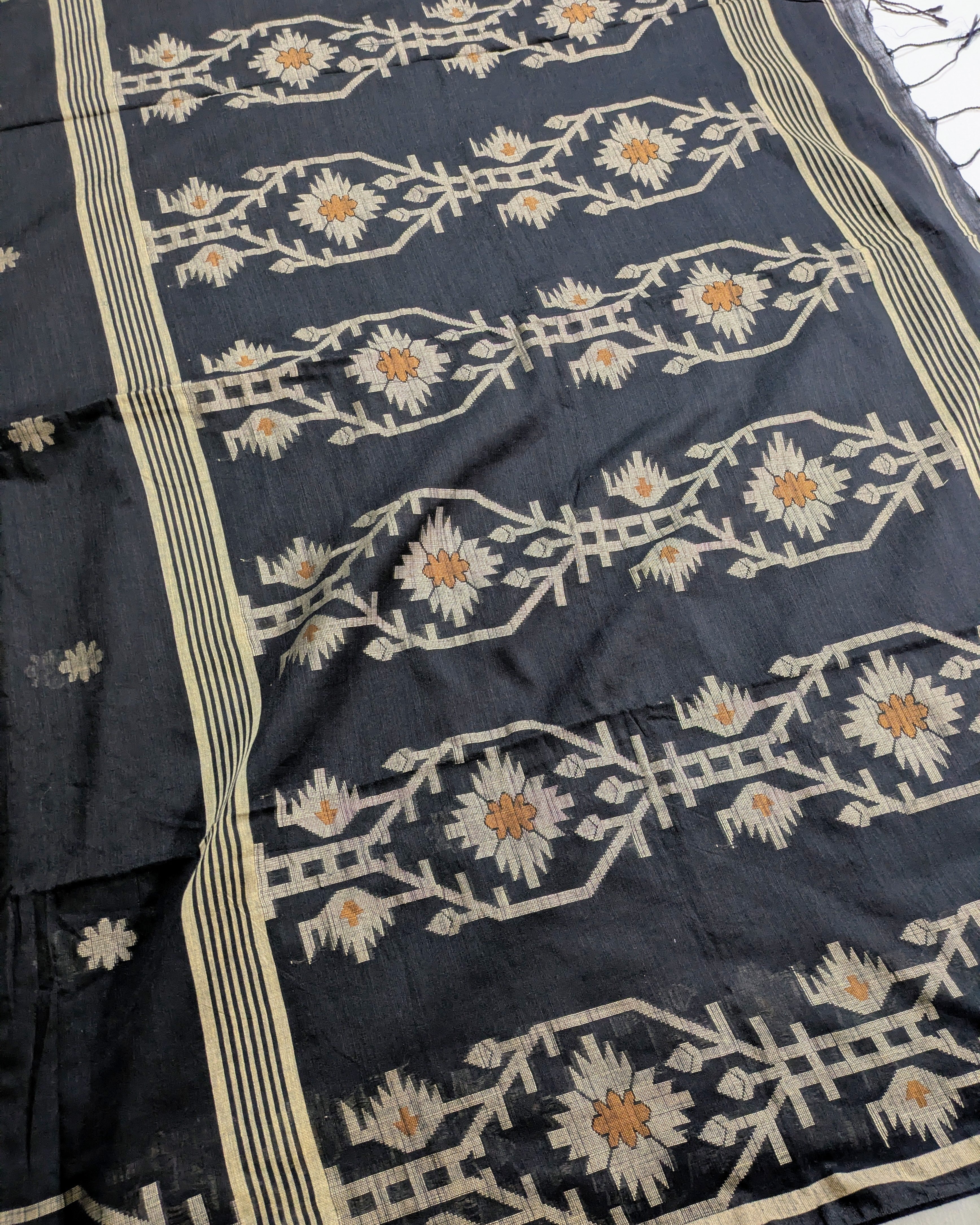Khadi Cotton Jamdani Sari Black