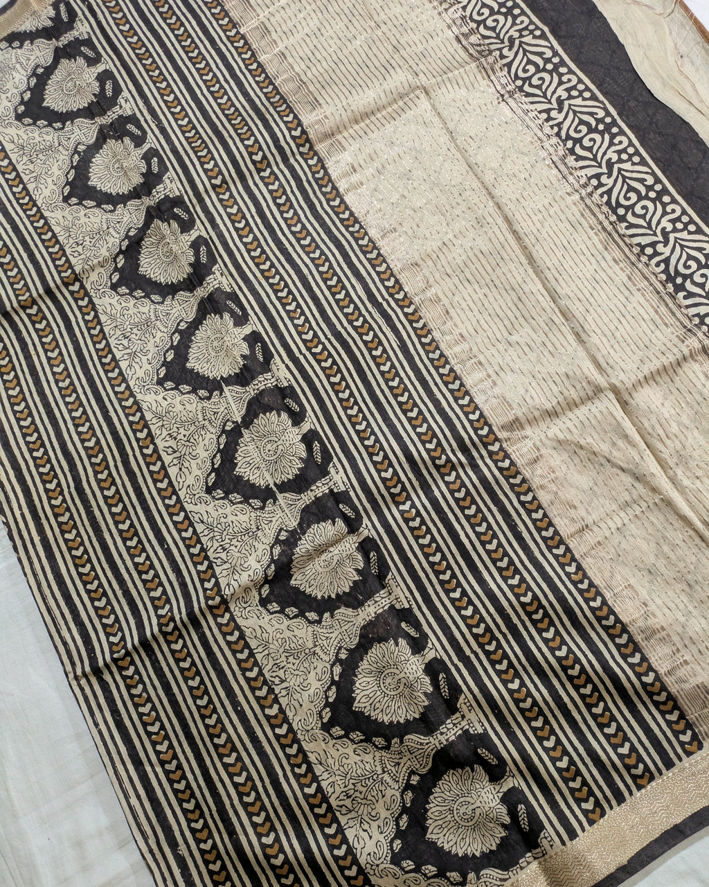 Multani Silk Sari Khaki & Black (Liva Tag)