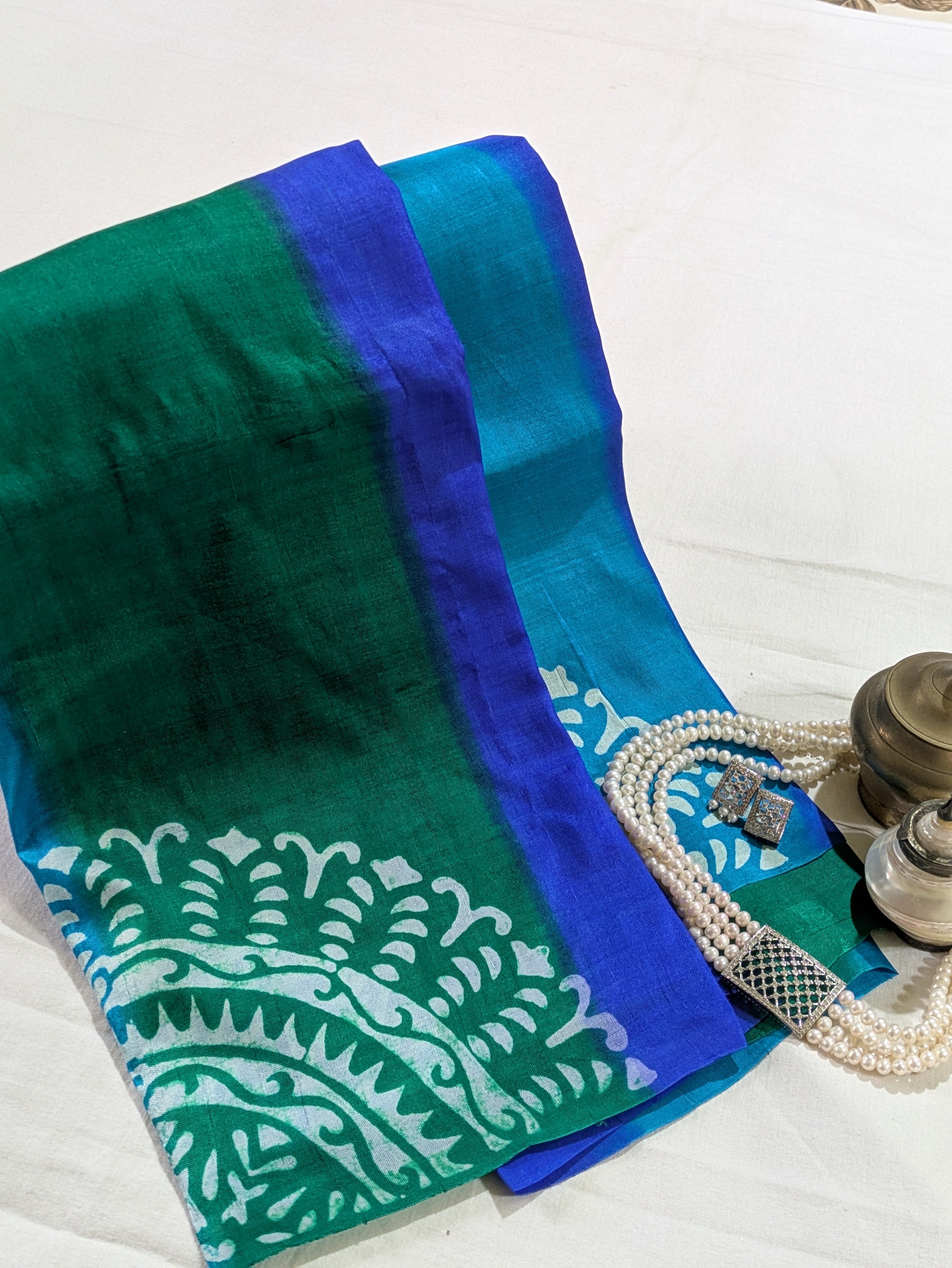 Pure Silk Sari with Blouse Piece Peacock Colour