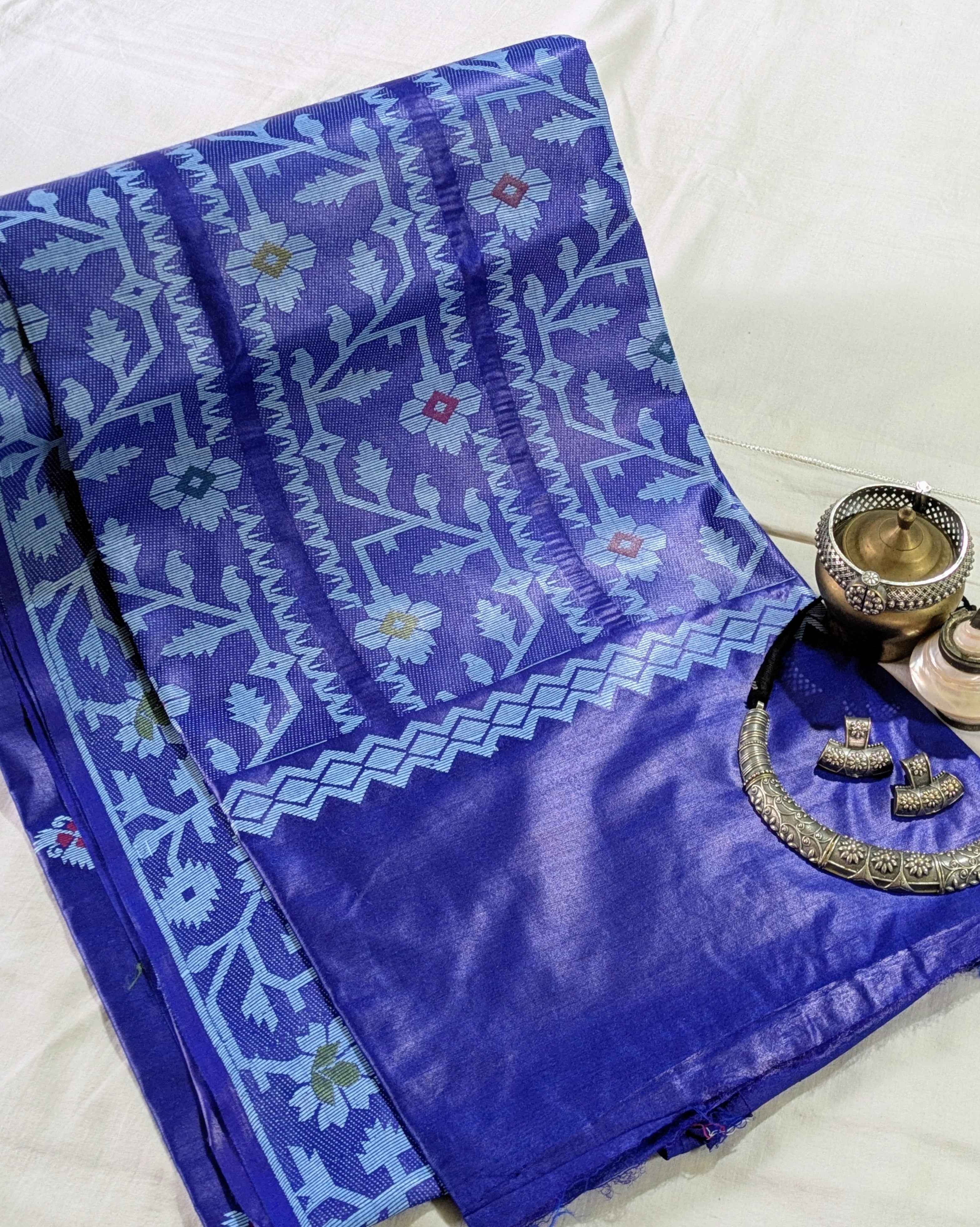 Tussar Silk Jamdani Sari Blue