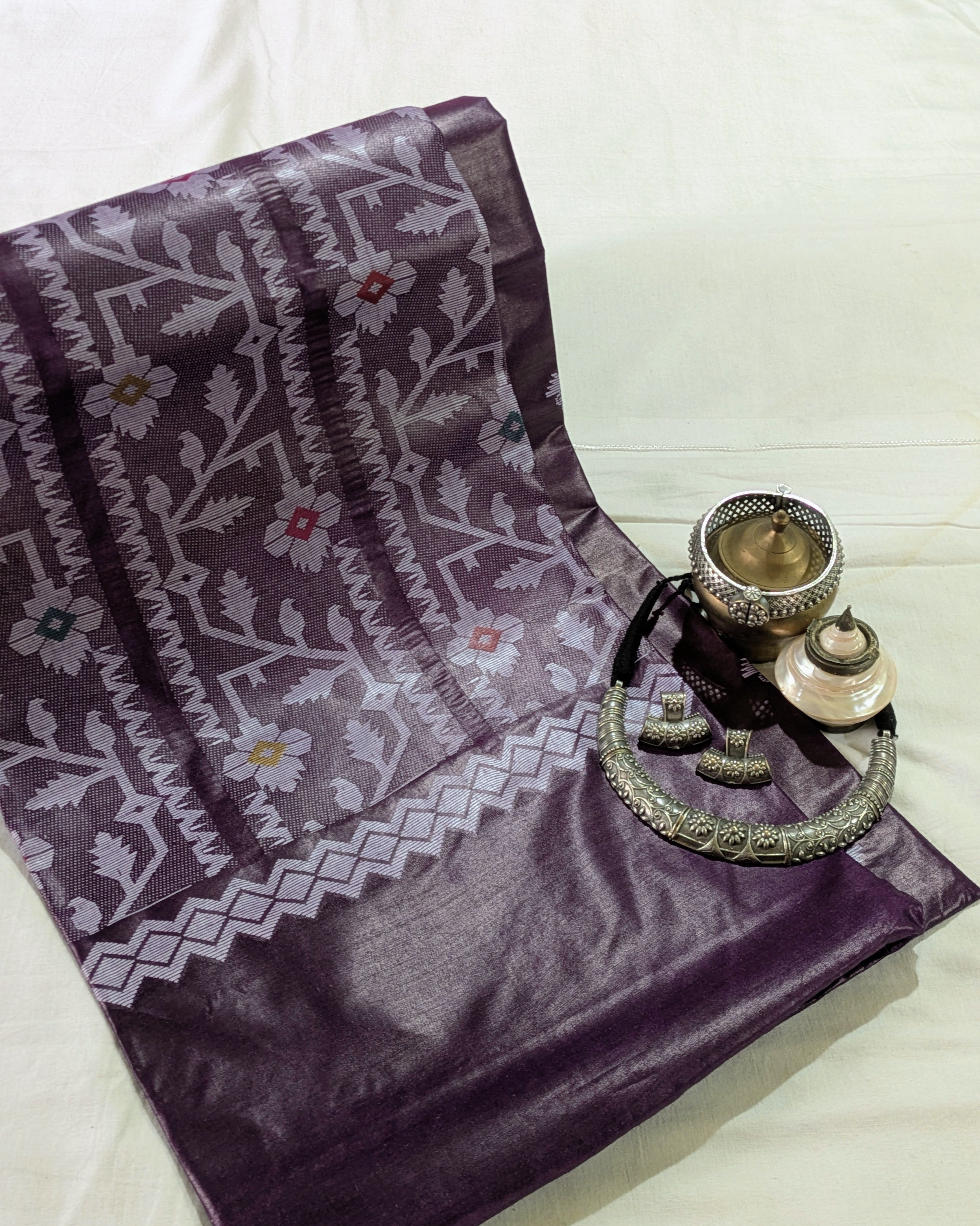 Tussar Silk Jamdani Sari Dark Purple