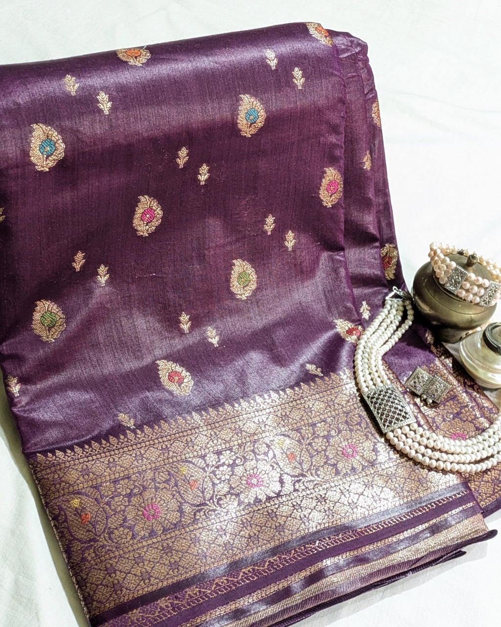 Tussar Muga Benarasi Sari Dark Purple