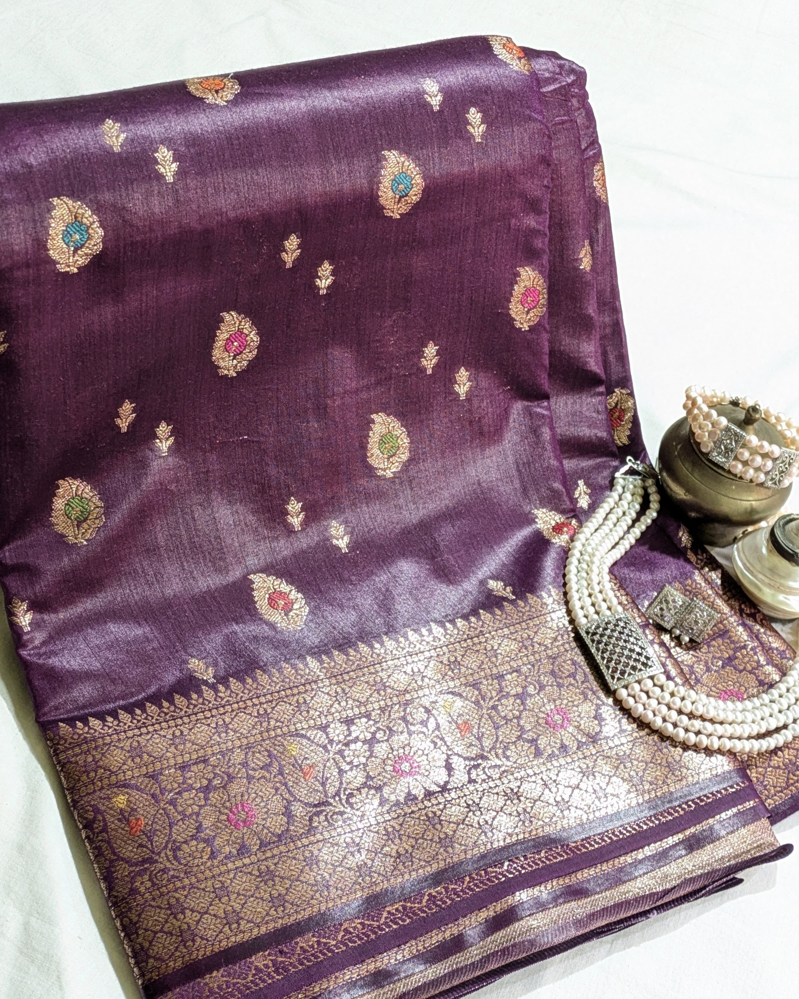 Tussar Muga Benarasi Sari Dark Purple