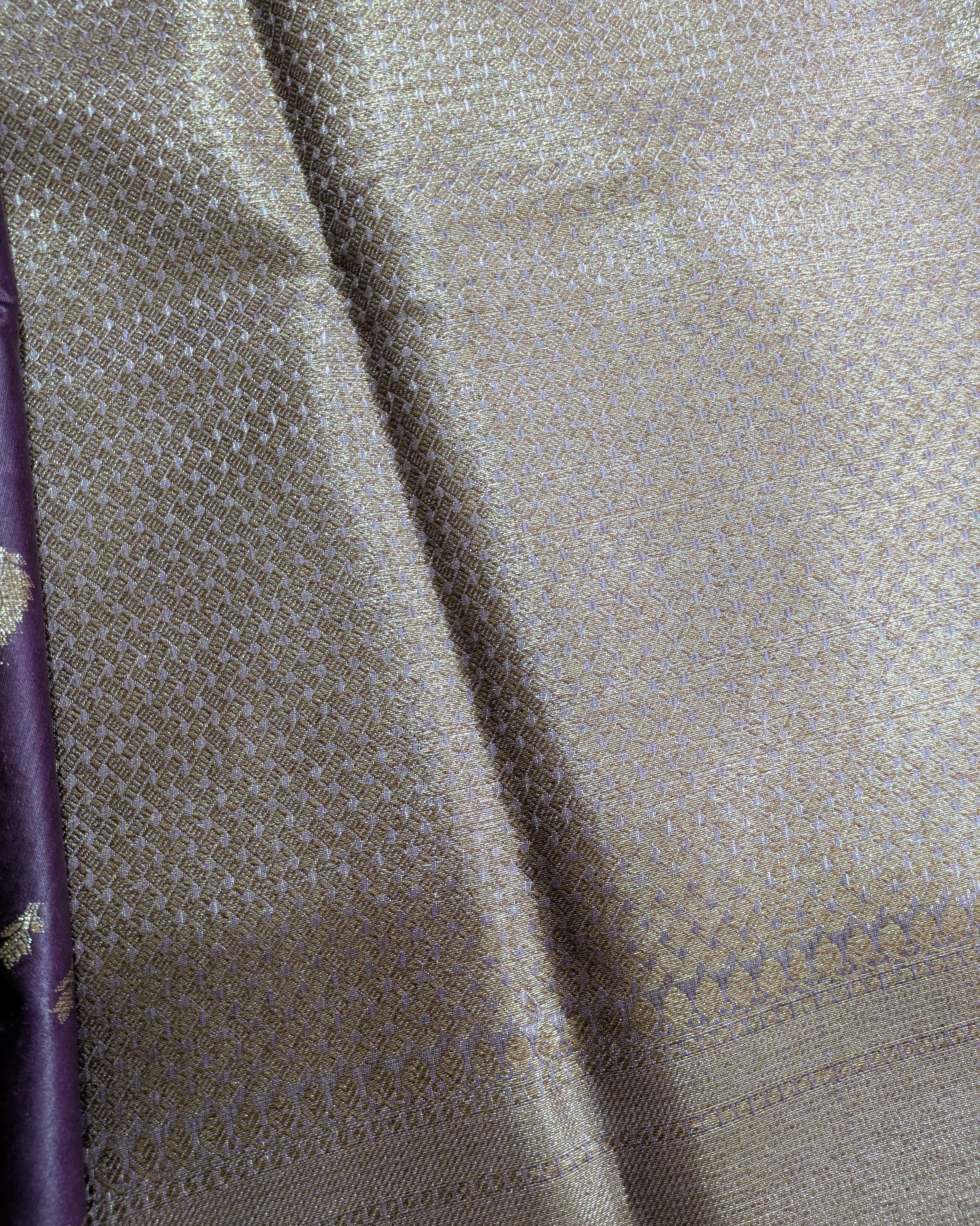 A close-up of a woven fabric with a shimmering metallic silver body and intricate gold zari embroidery, showing a subtle purple border on the left edge.