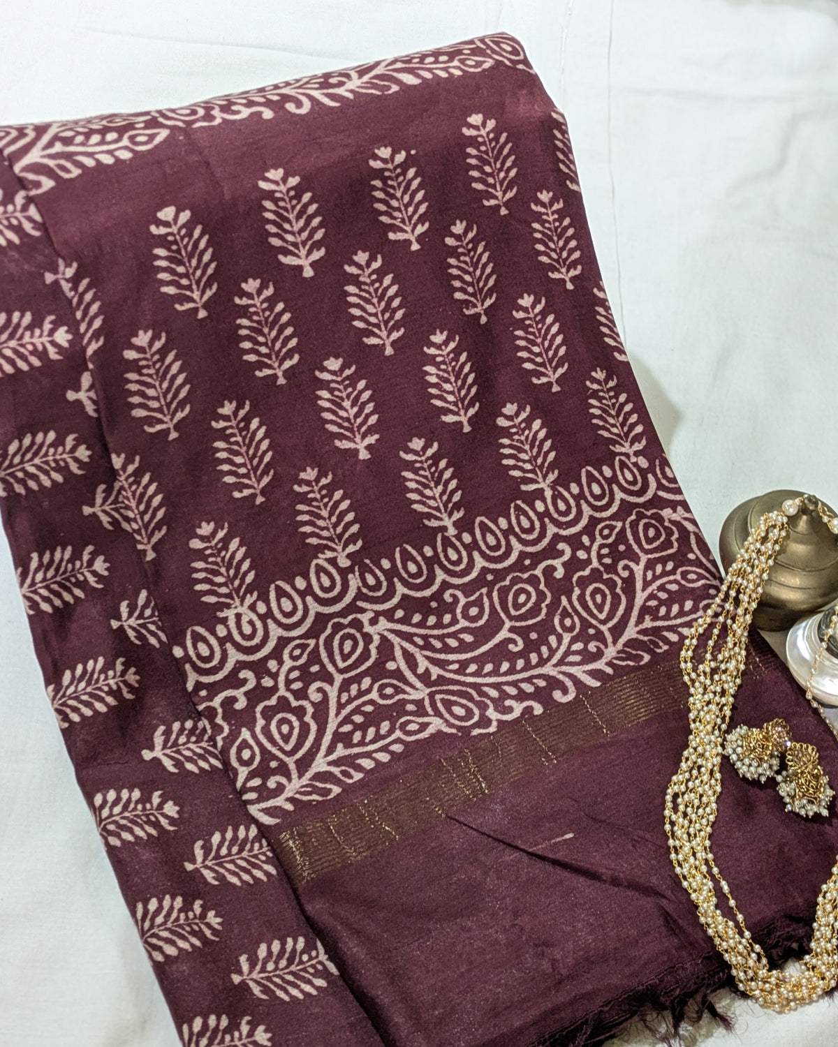 Chanderi Block Print Sari Dark Wine