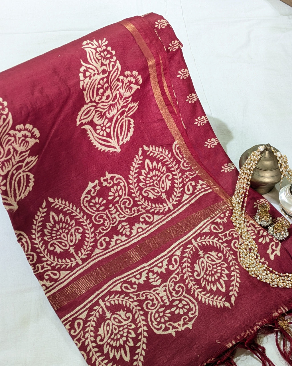 Chanderi Block Print Sari Dark Cherry