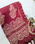 Chanderi Block Print Sari Dark Cherry