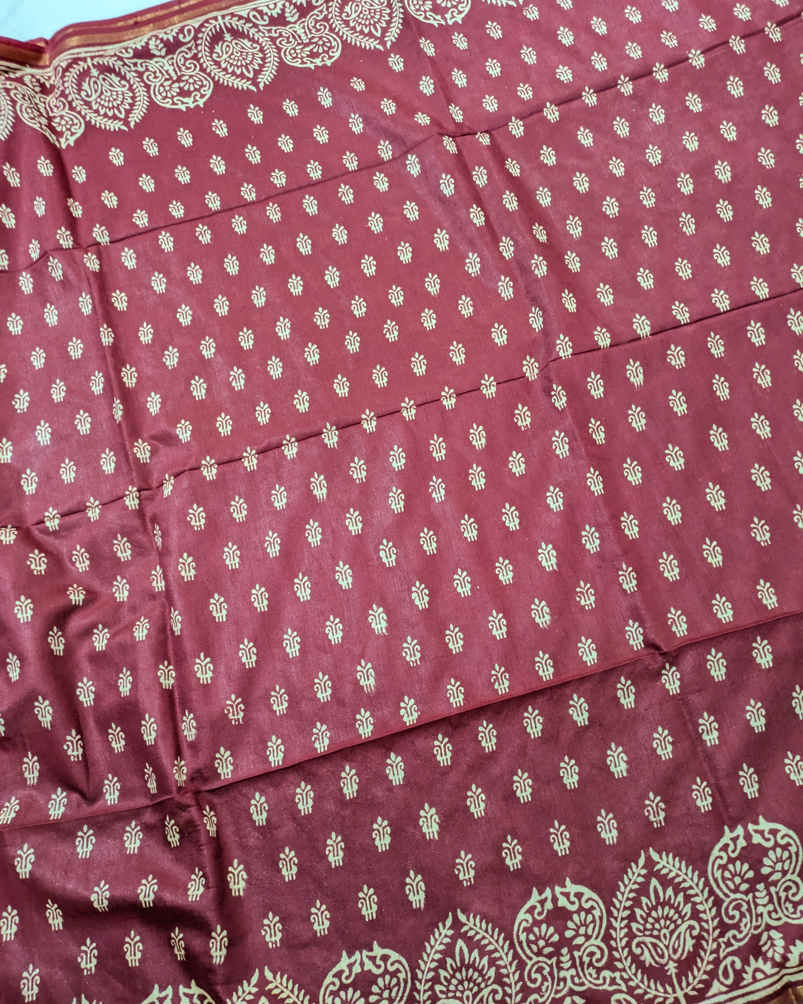 Chanderi Block Print Sari Dark Cherry