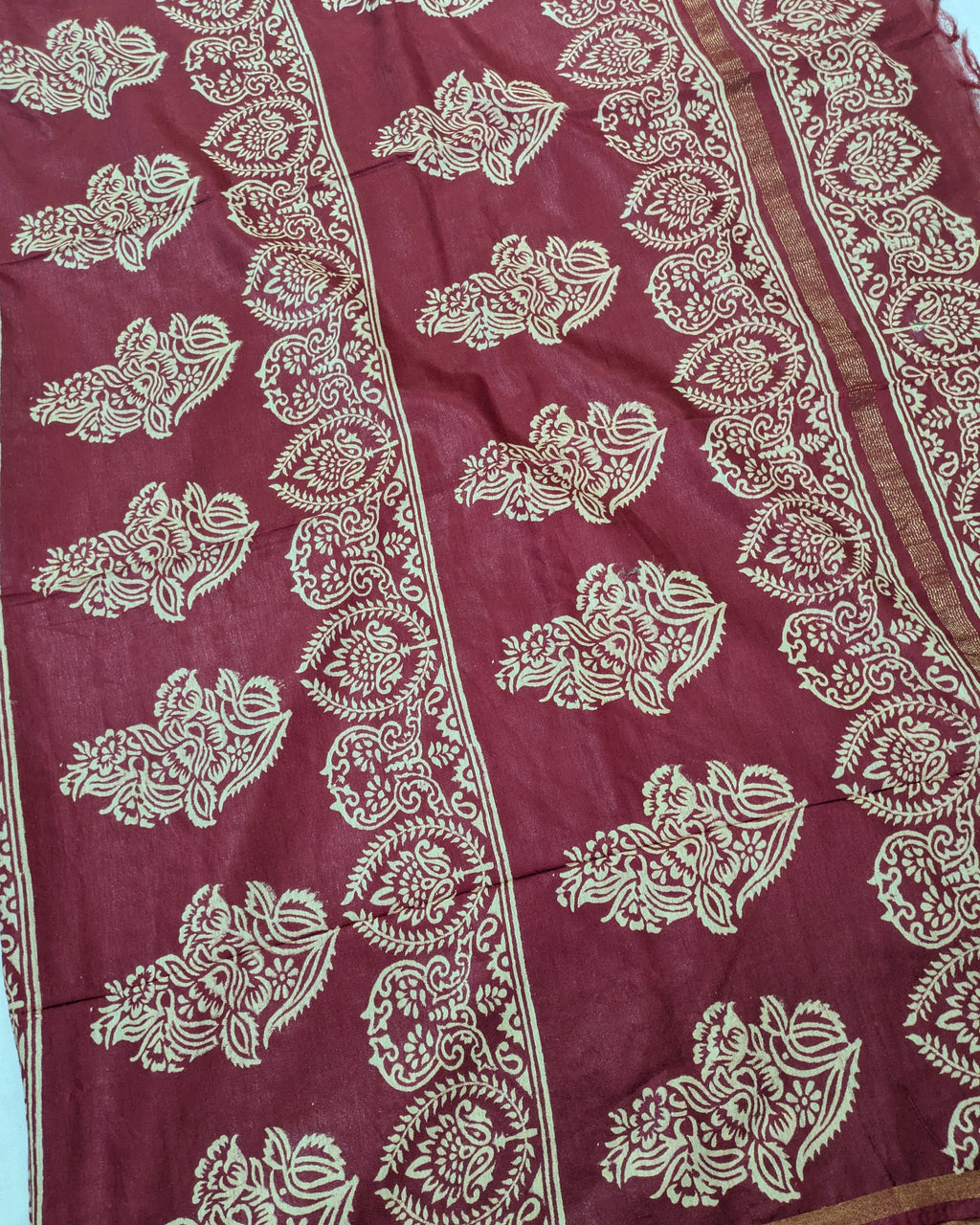 Chanderi Block Print Sari Dark Cherry