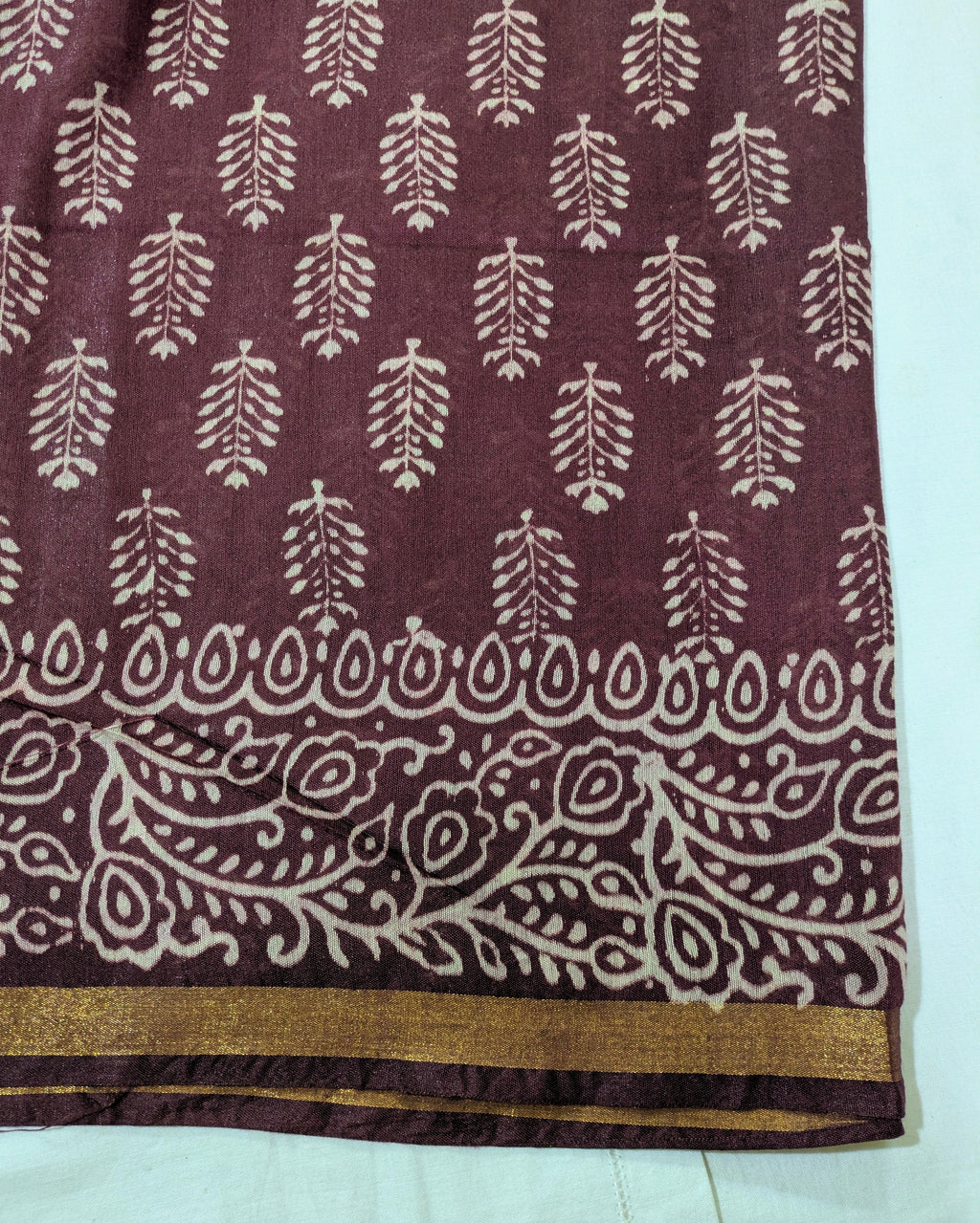 Chanderi Block Print Sari Dark Wine