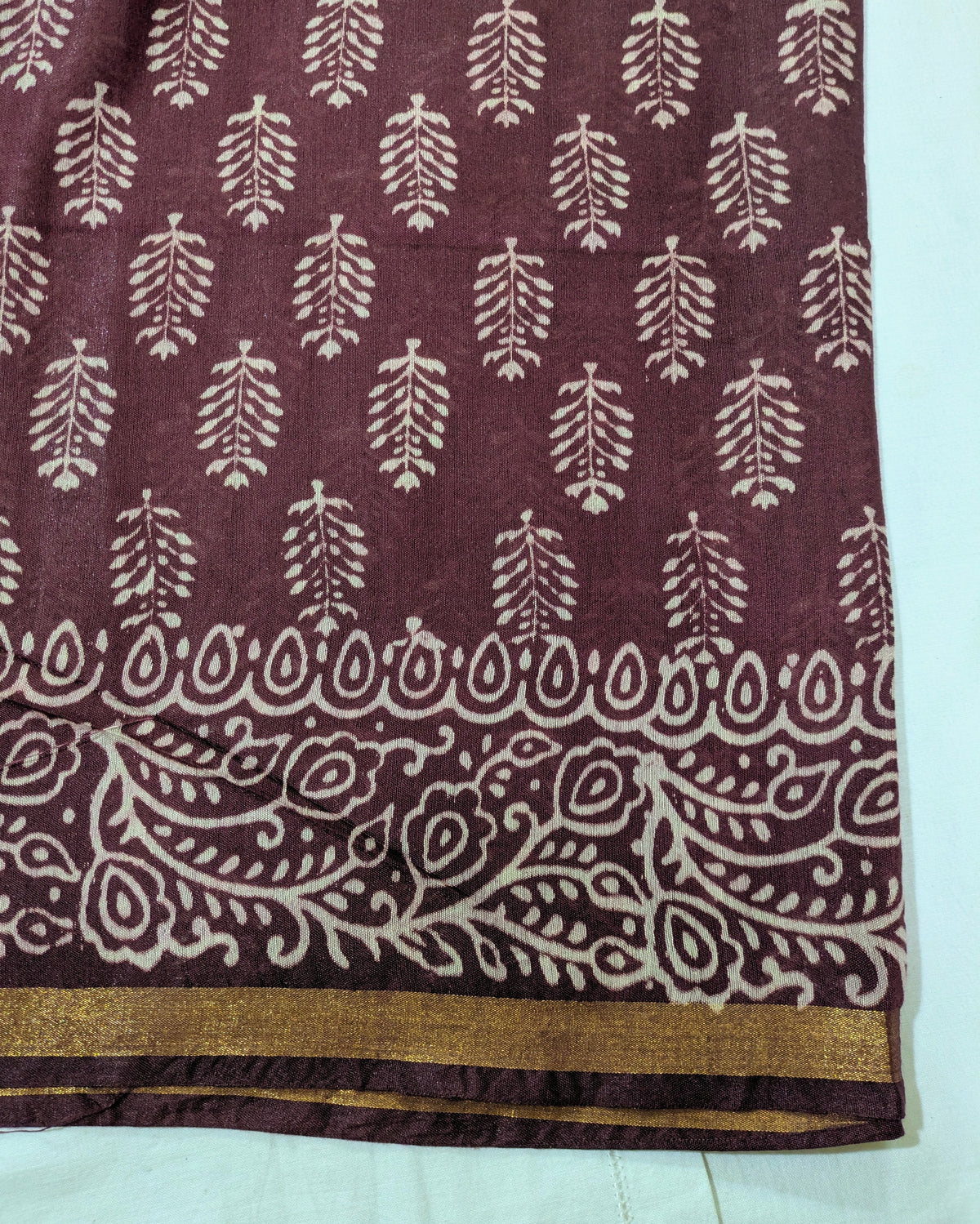 Chanderi Block Print Sari Dark Wine