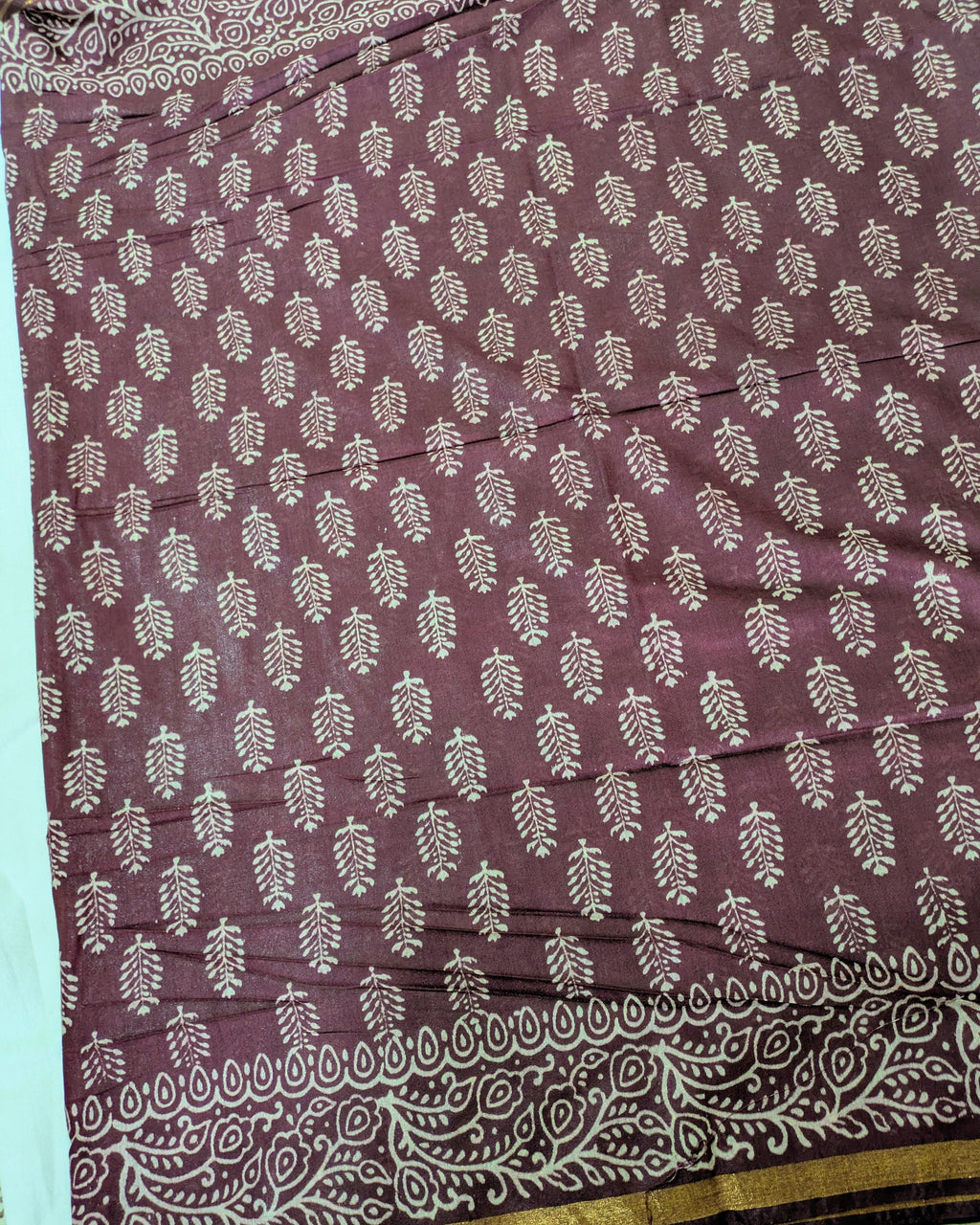 Chanderi Block Print Sari Dark Wine