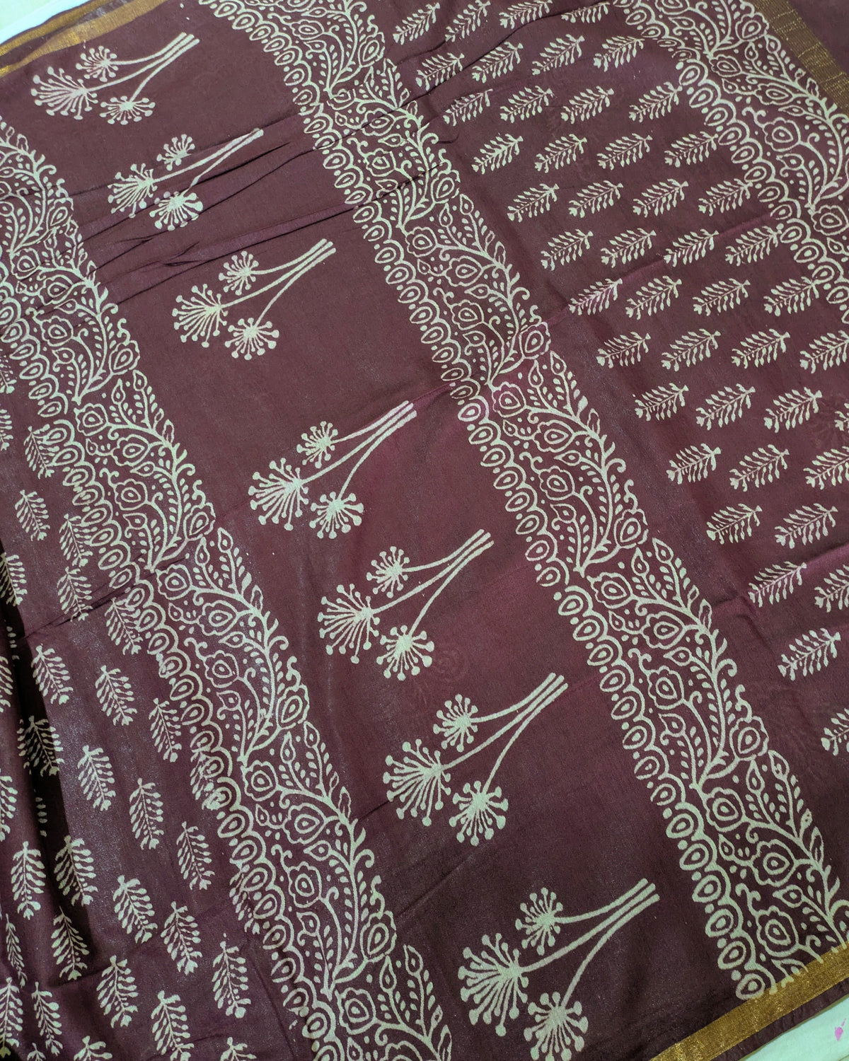 Chanderi Block Print Sari Dark Wine