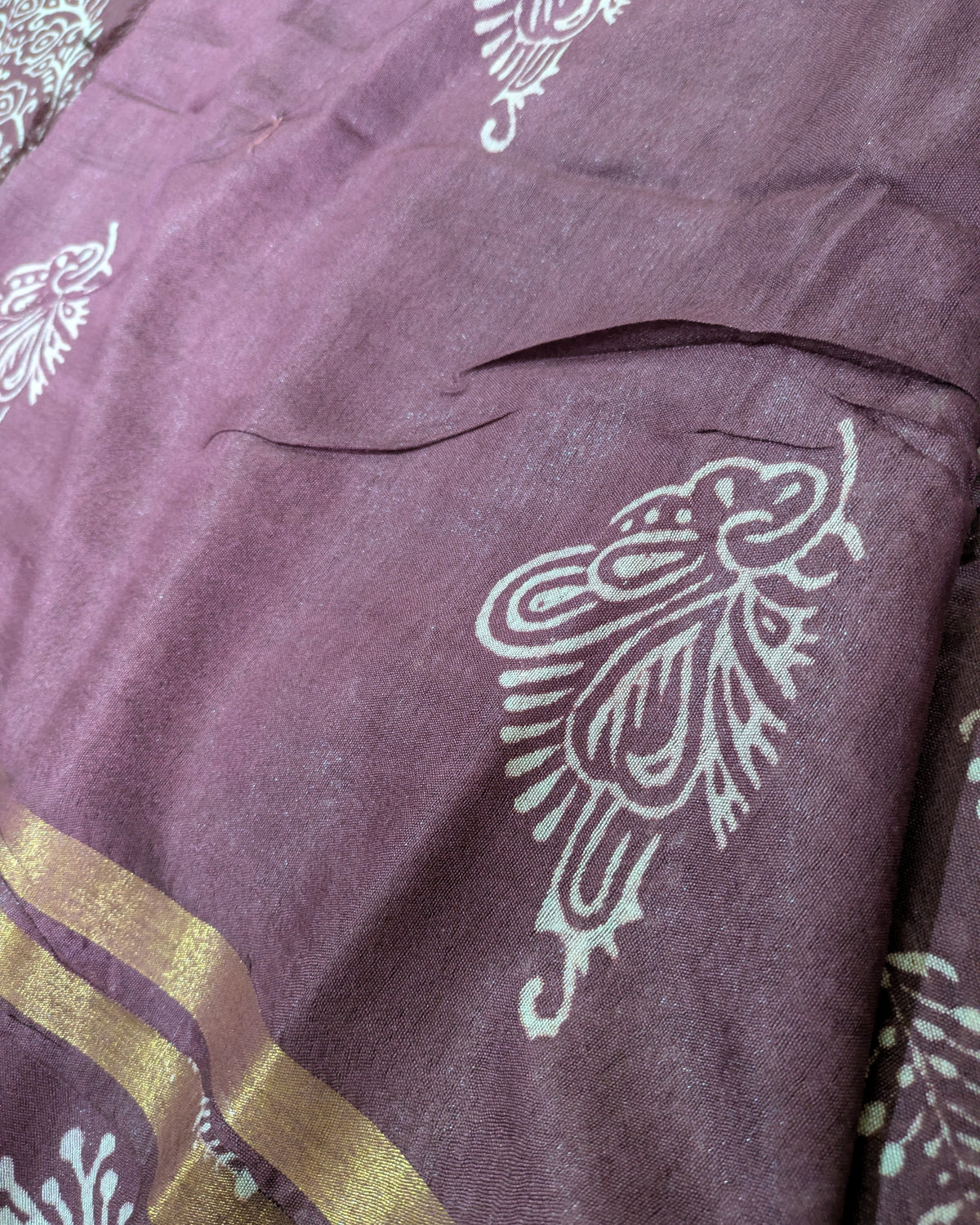 Chanderi Block Print Sari Dark Wine
