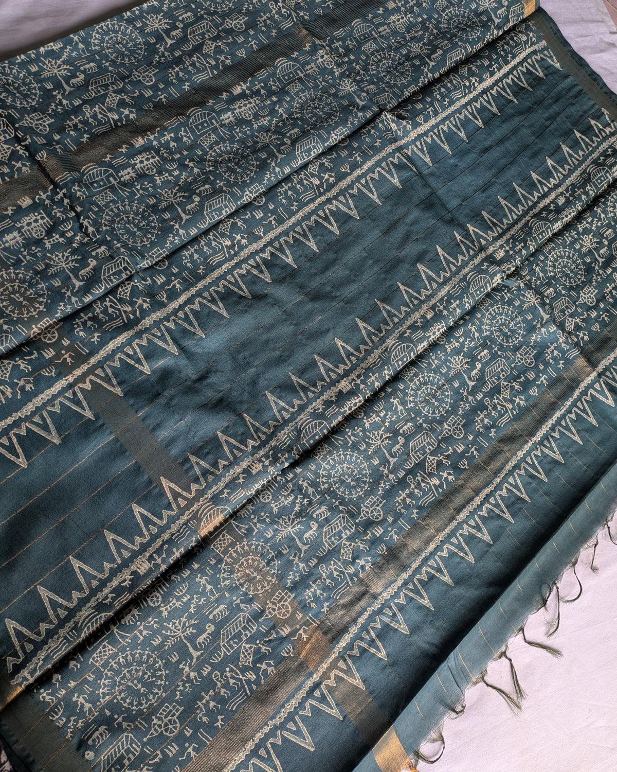 Bhagalpuri Handblock Sari Green