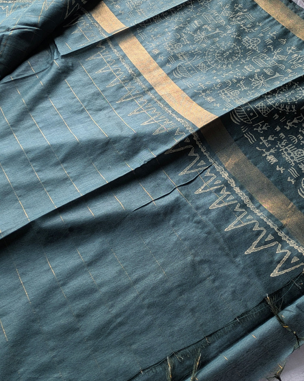 Bhagalpuri Handblock Sari Green