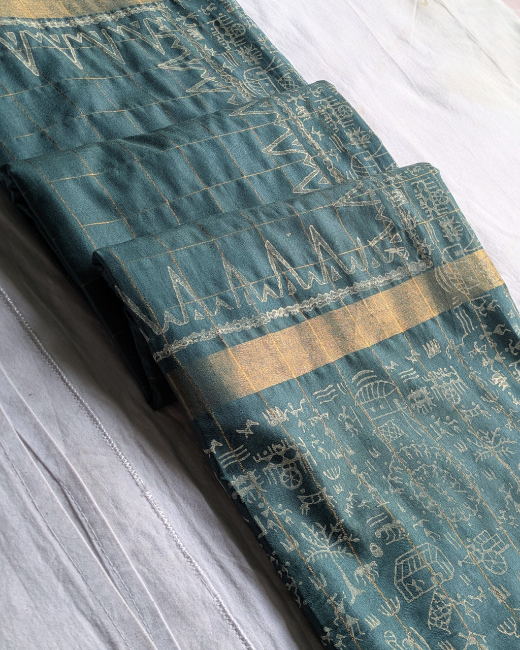 Bhagalpuri Handblock Sari Green