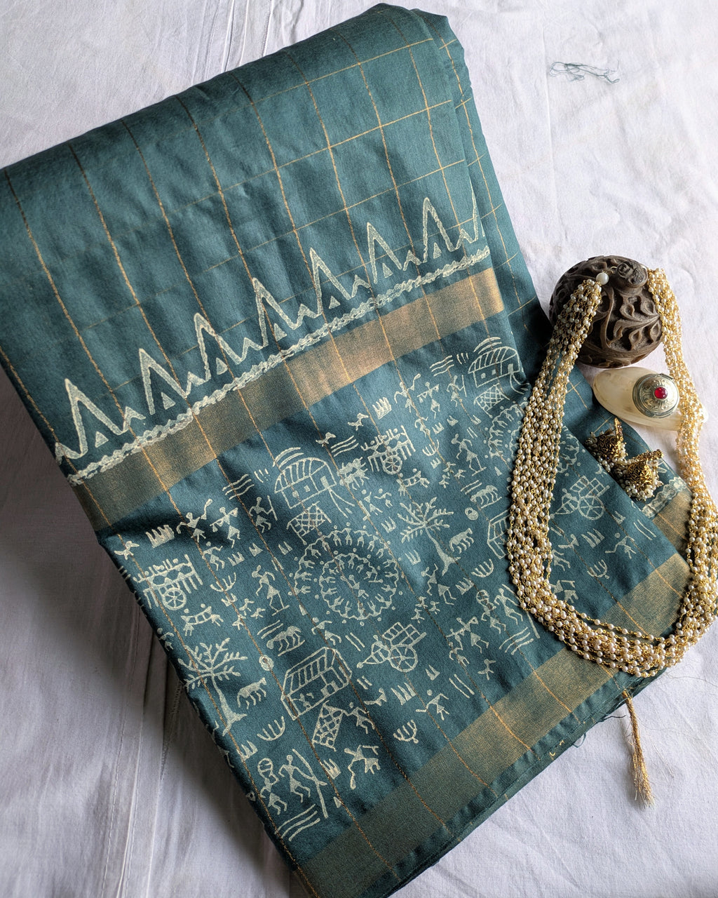 Bhagalpuri Handblock Sari Green