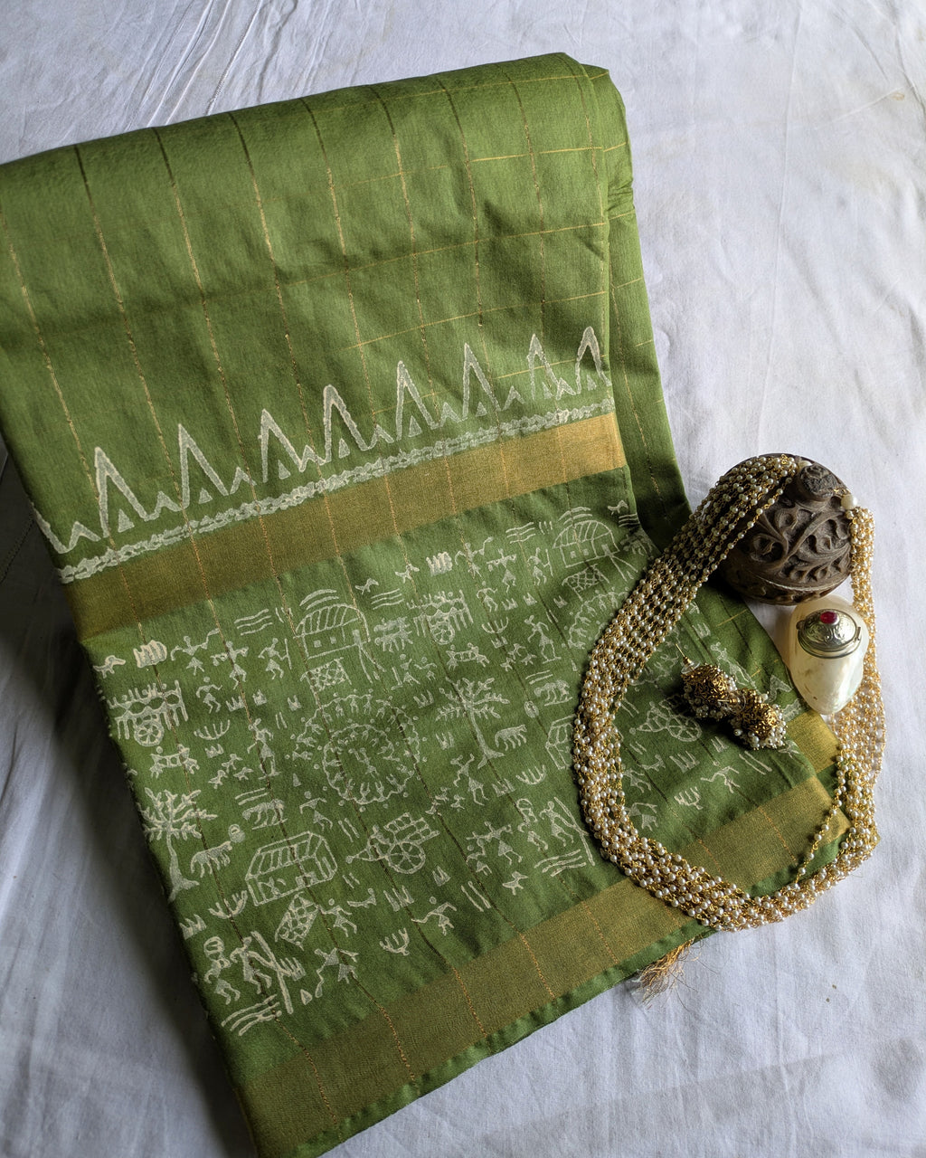 Bhagalpuri Handblock Sari Olive Green