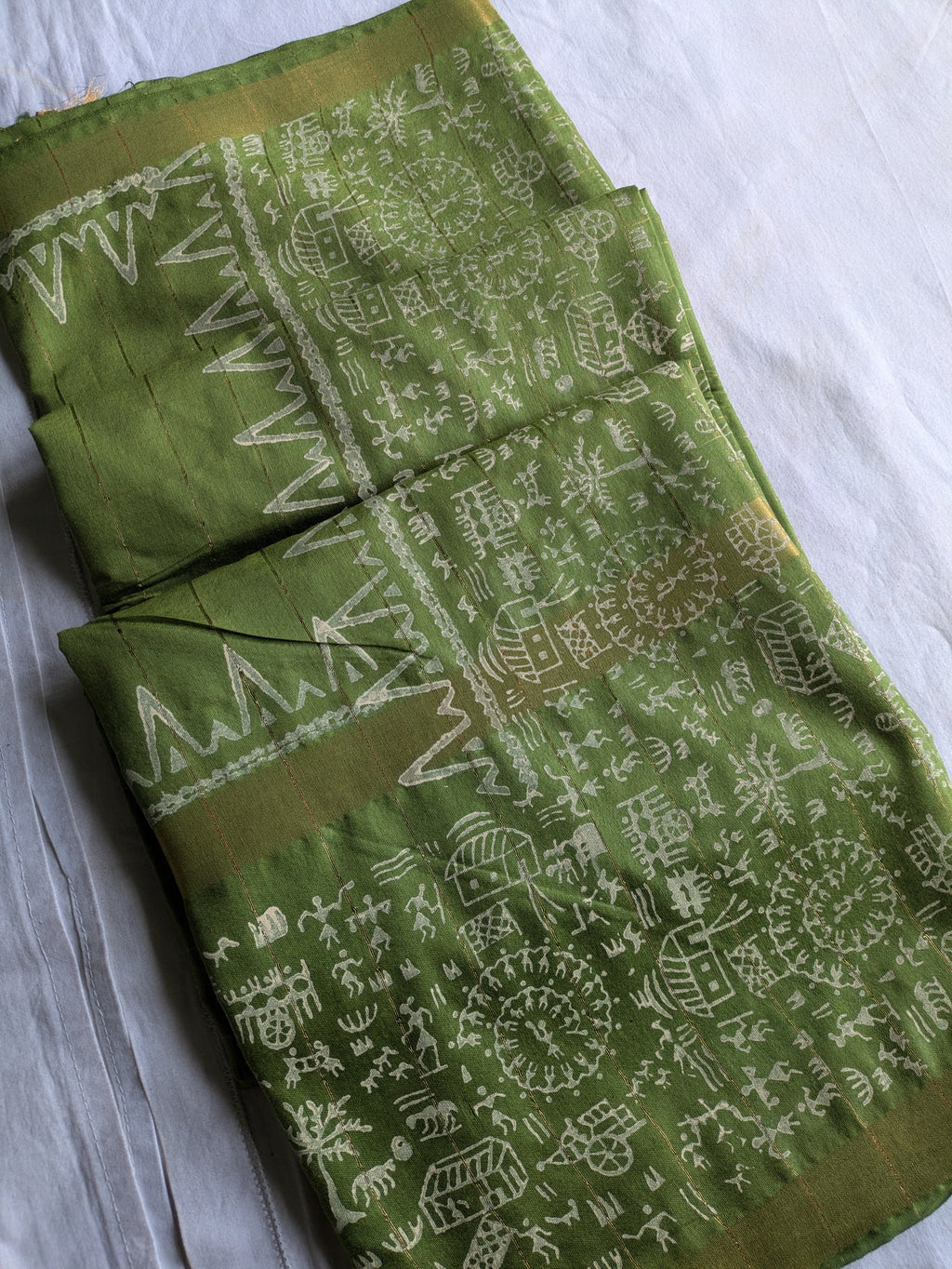 Bhagalpuri Handblock Sari Olive Green