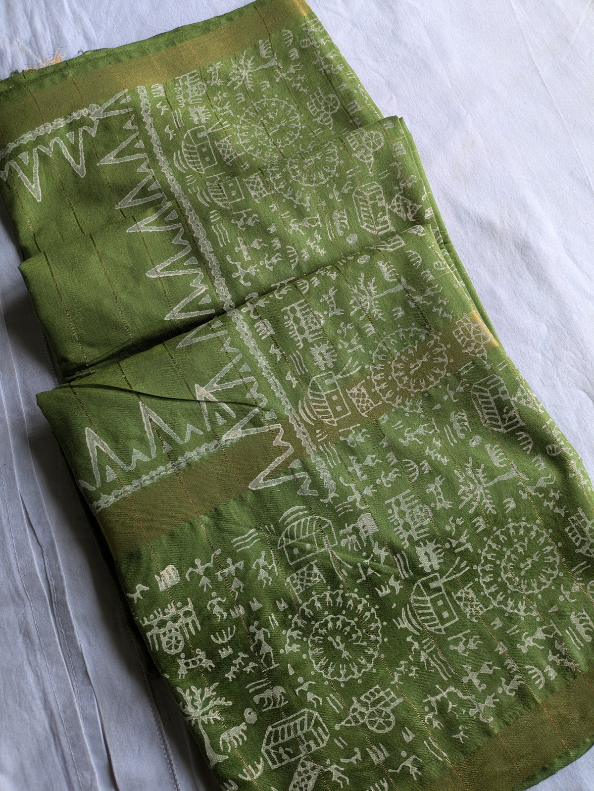 Bhagalpuri Handblock Sari Olive Green
