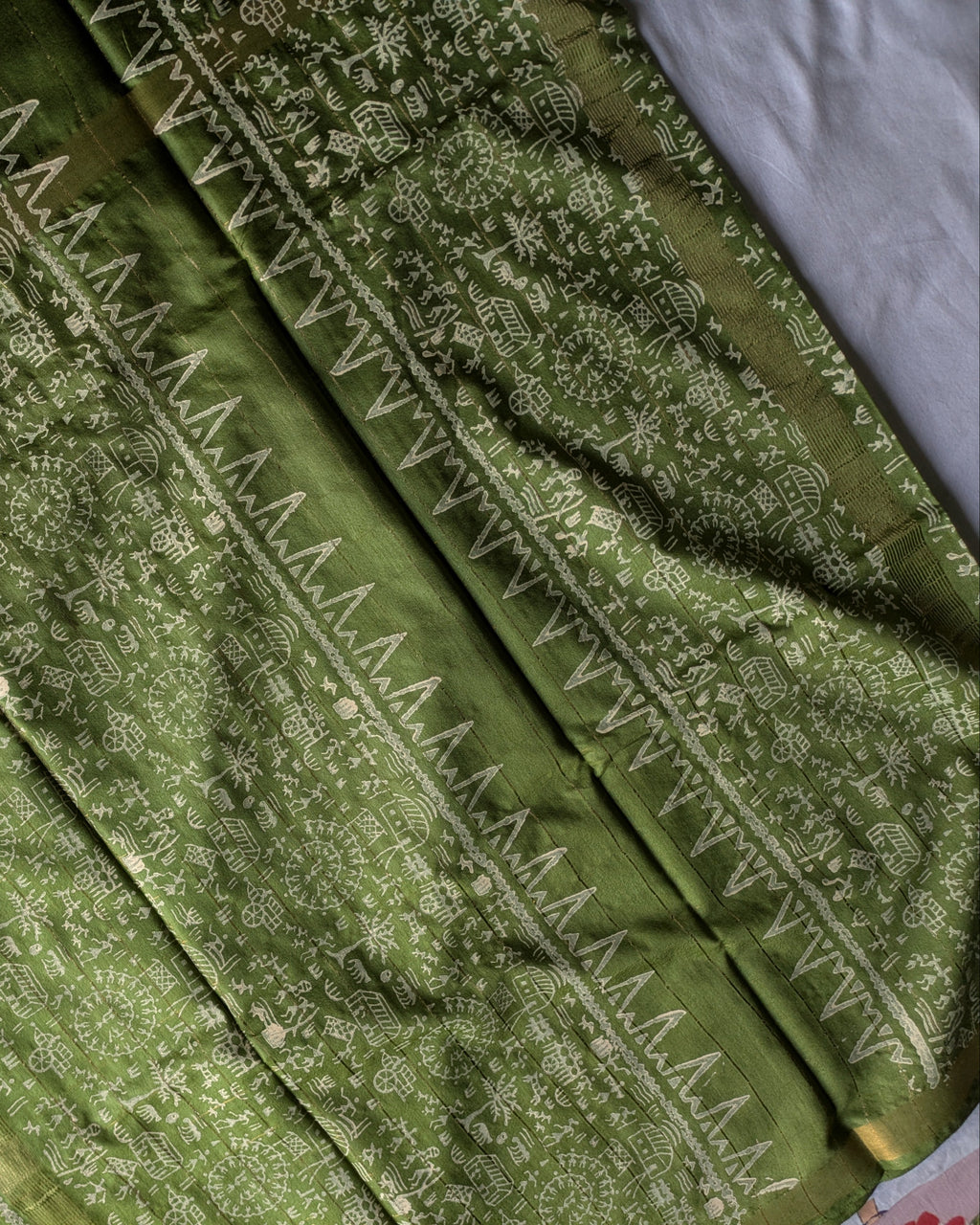 Bhagalpuri Handblock Sari Olive Green