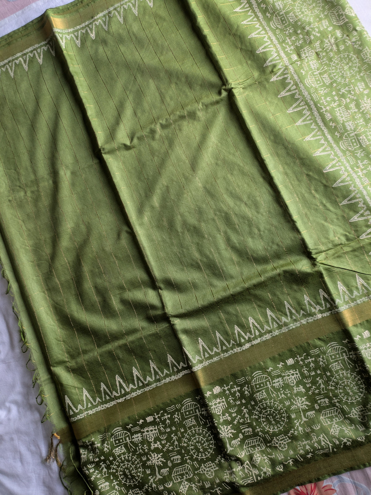 Bhagalpuri Handblock Sari Olive Green