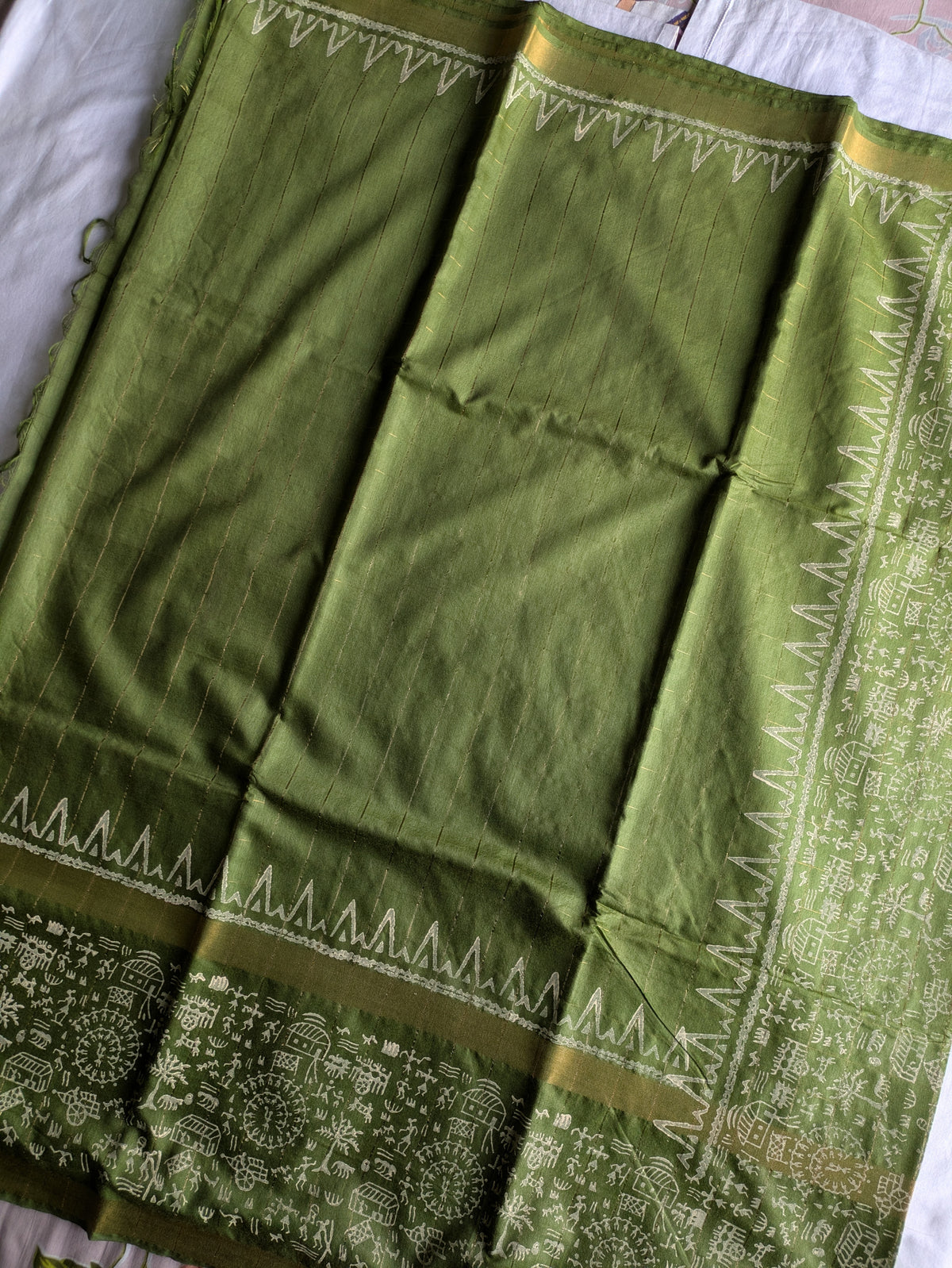 Bhagalpuri Handblock Sari Olive Green
