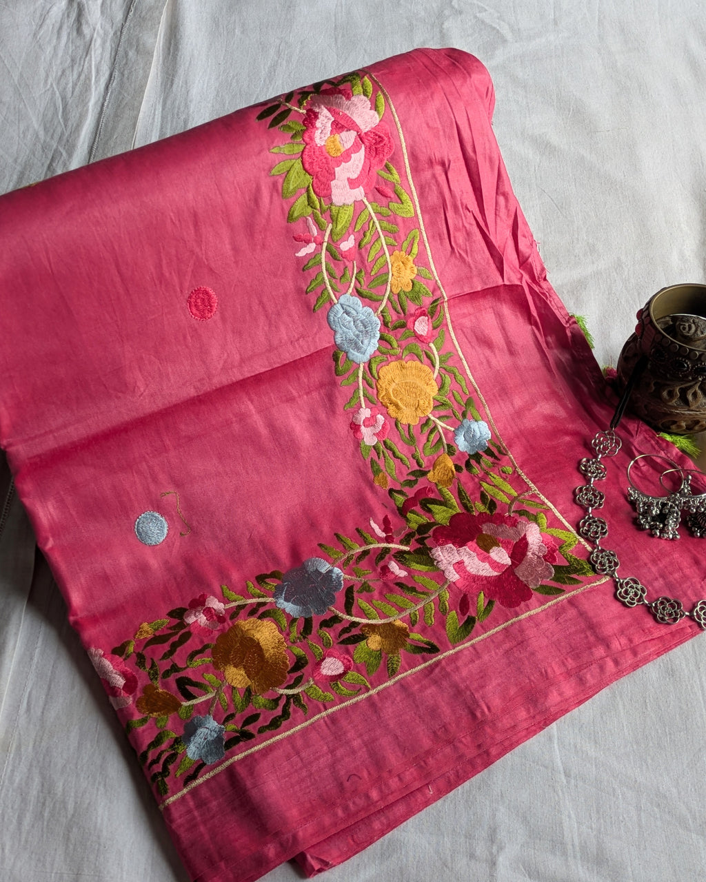 Katan Silk Sari Parsi Embroidered Pink