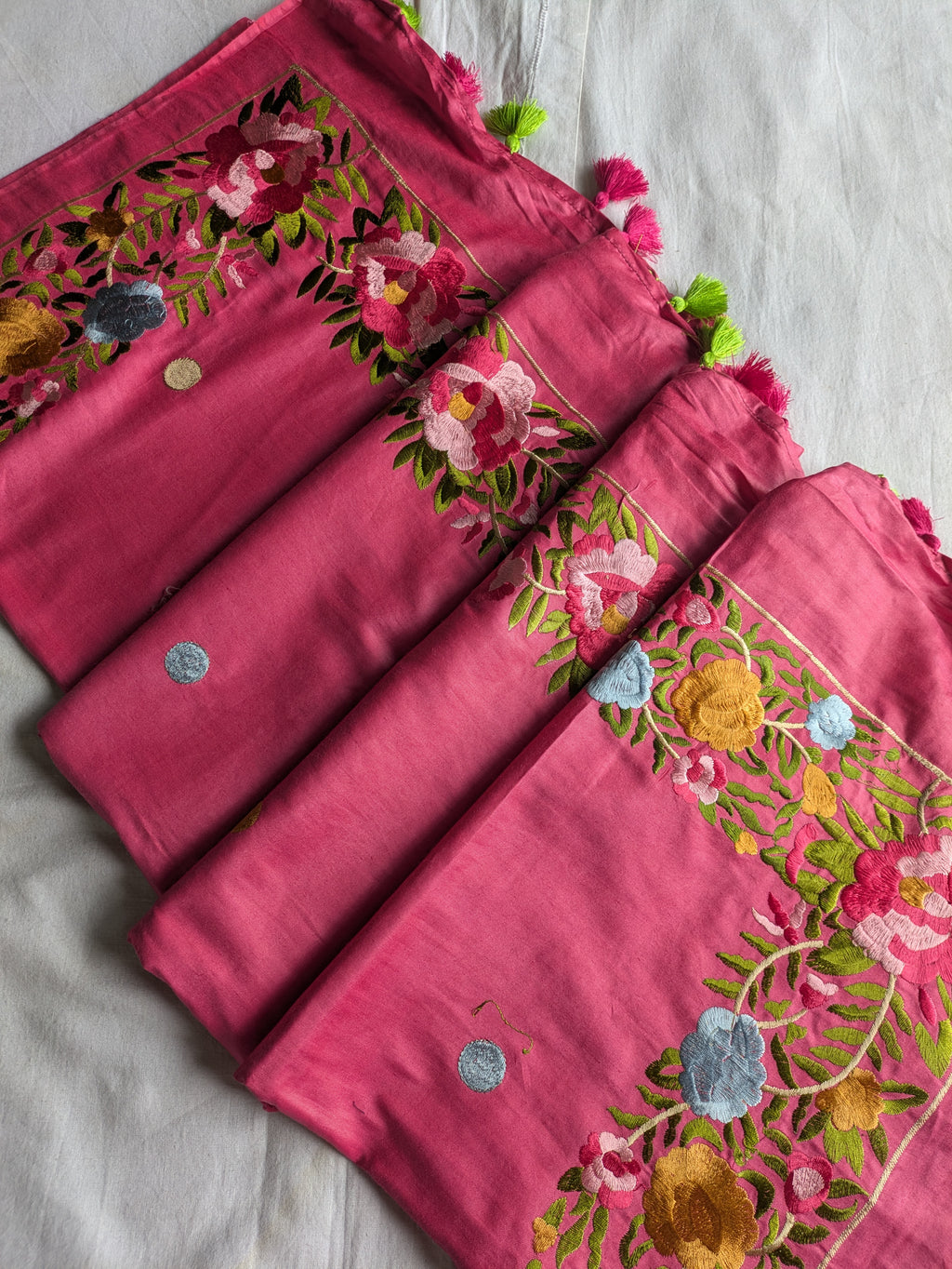 Katan Silk Sari Parsi Embroidered Pink