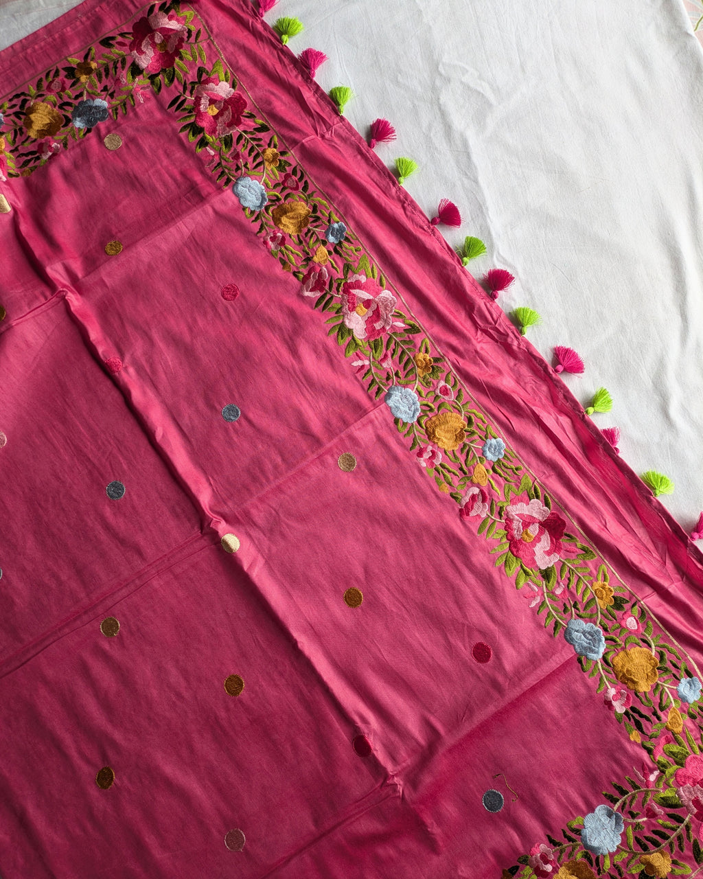 Katan Silk Sari Parsi Embroidered Pink