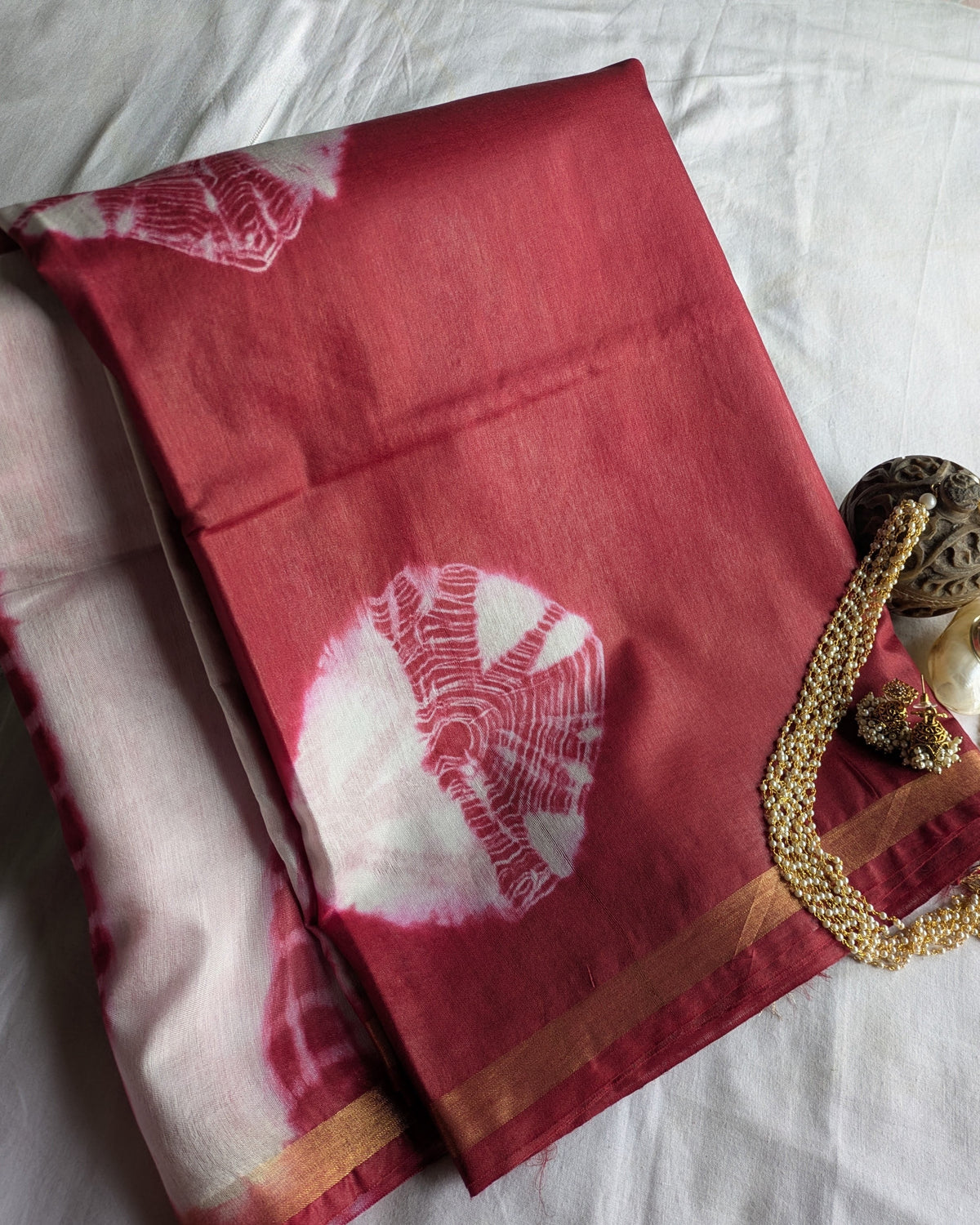 Shibori Bhagalpuri Sari Maroon+White