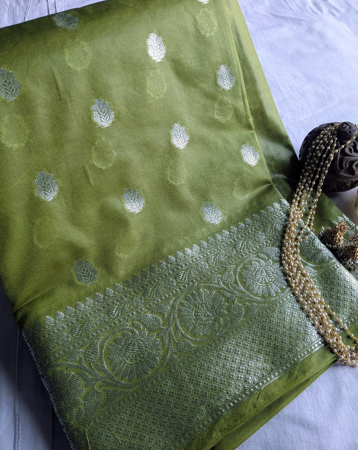 Banarasi Khaddi Gerogette Sari Olive Green