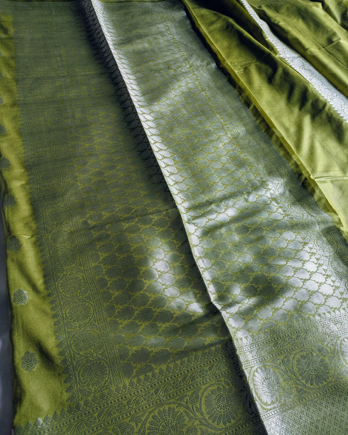 Banarasi Khaddi Gerogette Sari Olive Green