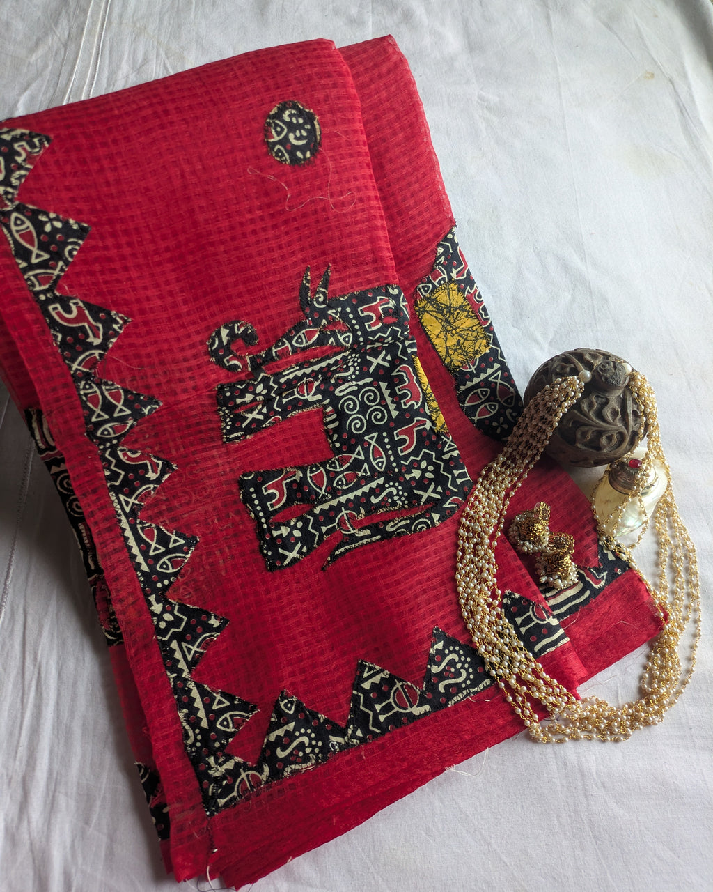 Cotton Kota Applique Sari Red