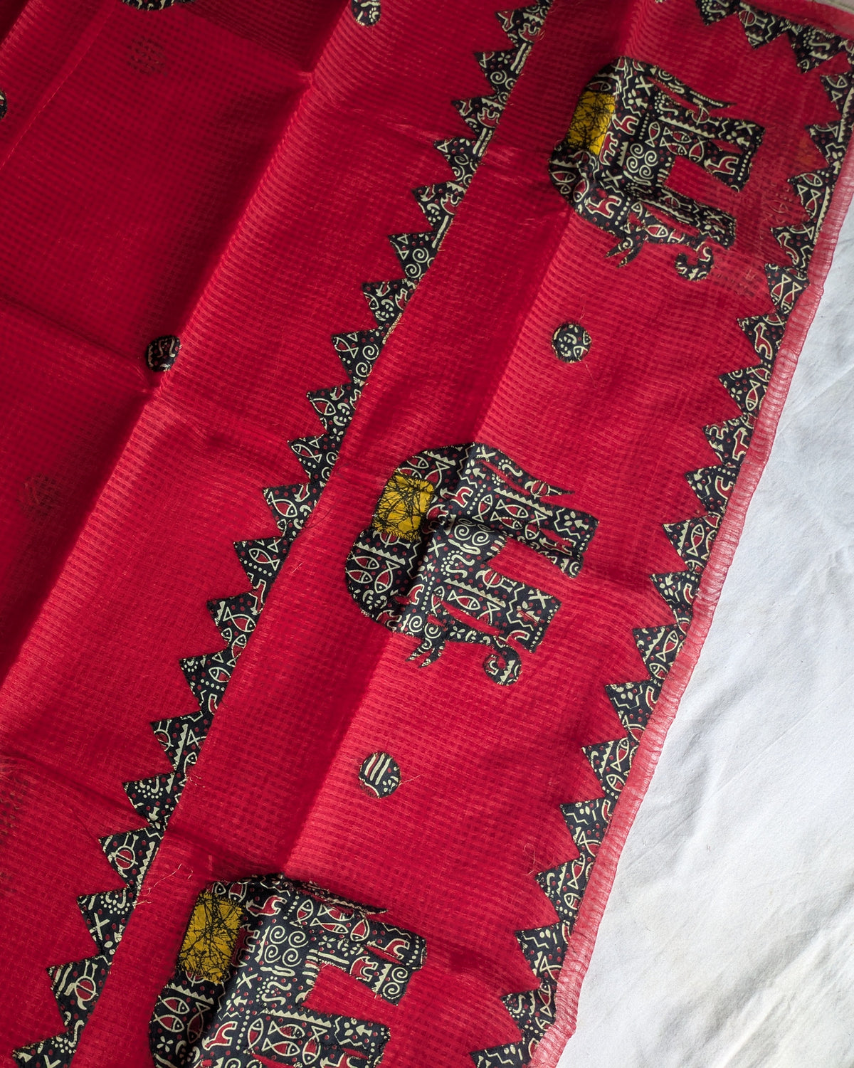 Cotton Kota Applique Sari Red
