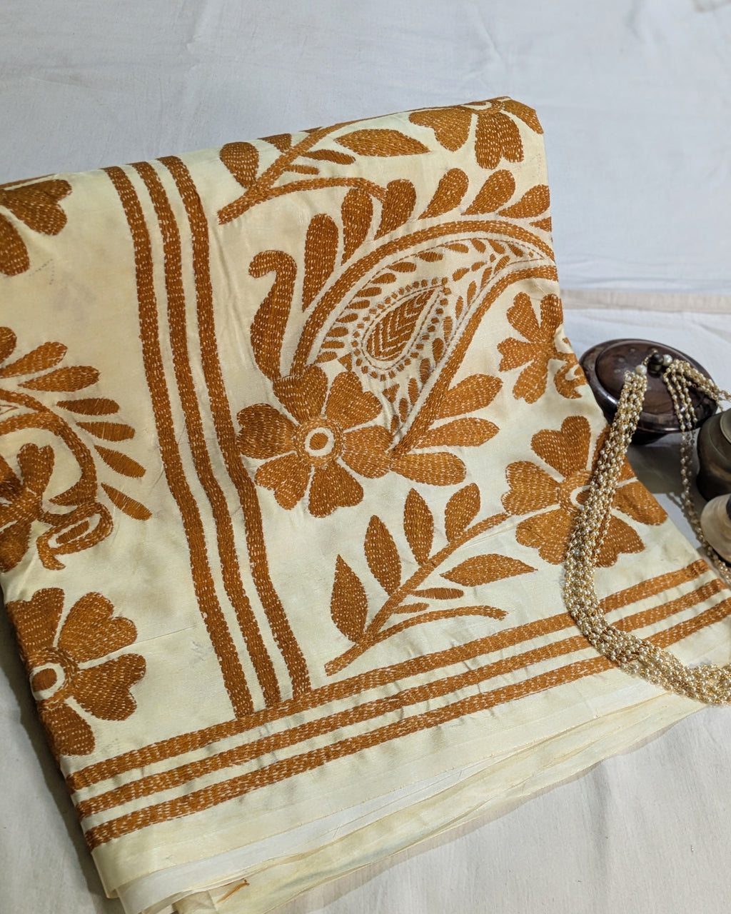 Kantha Stitch Sari with Blouse Piece Butter Colour