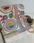 Kantha Stitch Sari with Blouse Piece White