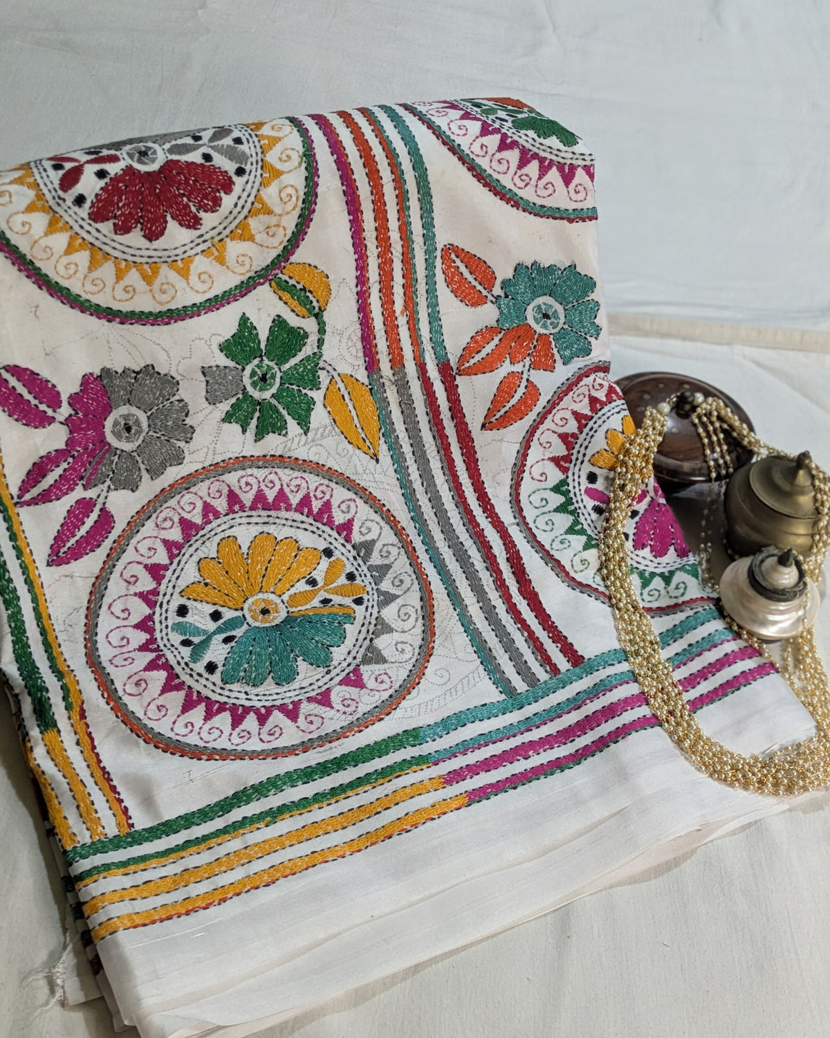Kantha Stitch Sari with Blouse Piece White